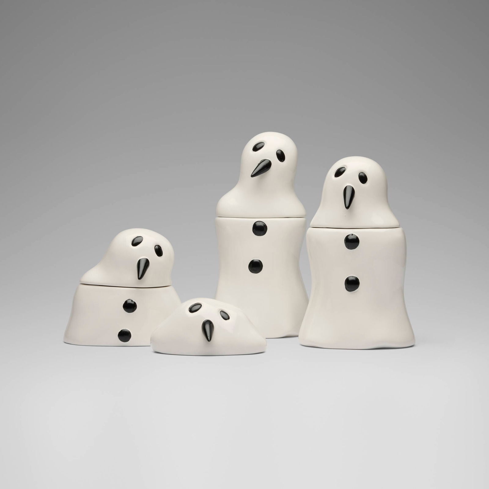 Marcel Dzama, Melting Snowman Cannisters set: Marcel Dzama Melting Snowman Cannisters set 2005 glazed earthenware tallest: 8.75 h x 5 w x 4.5 d in (22 x 13 x 11 cm) shortest: 2 h x 4.5 w x 3.5 d in (5 x 11 x 9 cm) Stamped signature and date