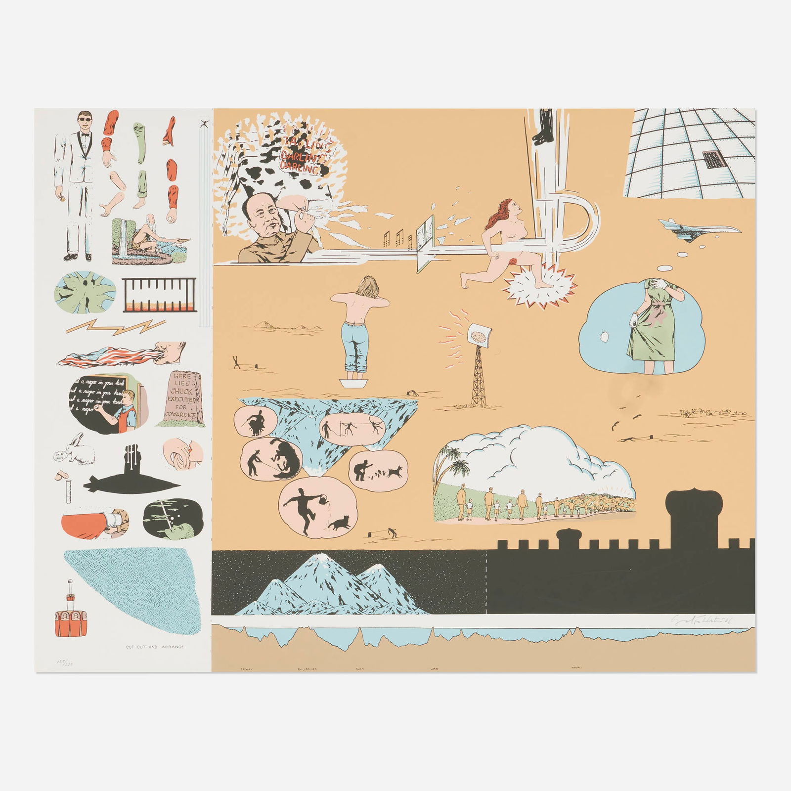 Oyvind Fahlstrom, Eddie (Sylvie's Brother) in the Desert: Oyvind Fahlstrom Eddie (Sylvie's Brother) in the Desert 1966 screenprint in colors 17 h x 21.75 w in (43 x 55 cm) Signed, dated and numbered to lower edge '157/225 Oyvind Fahlstrom 66'. This work