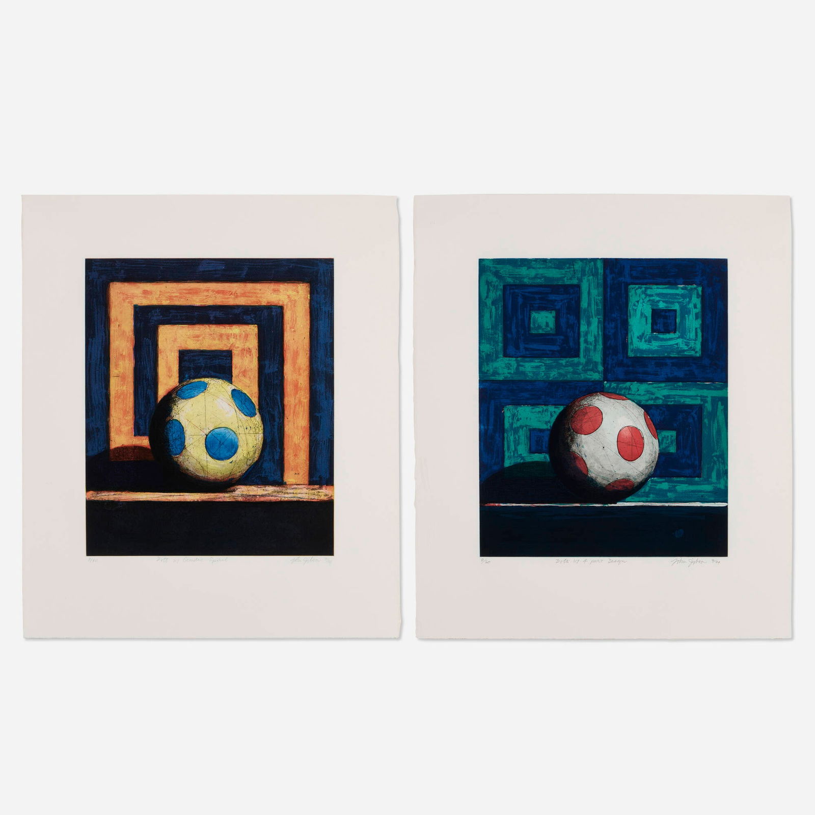 John Gibson, Dots with Geometric Spiral; Dots with 4 Part Design (two works): John Gibson Dots with Geometric Spiral; Dots with 4 Part Design (two works) 1994 etching and aquatint in colors image (each): 17.75 h x 14.75 w in (45 x 37 cm) sheet (each): 26.5 h x 22.5 w in (67