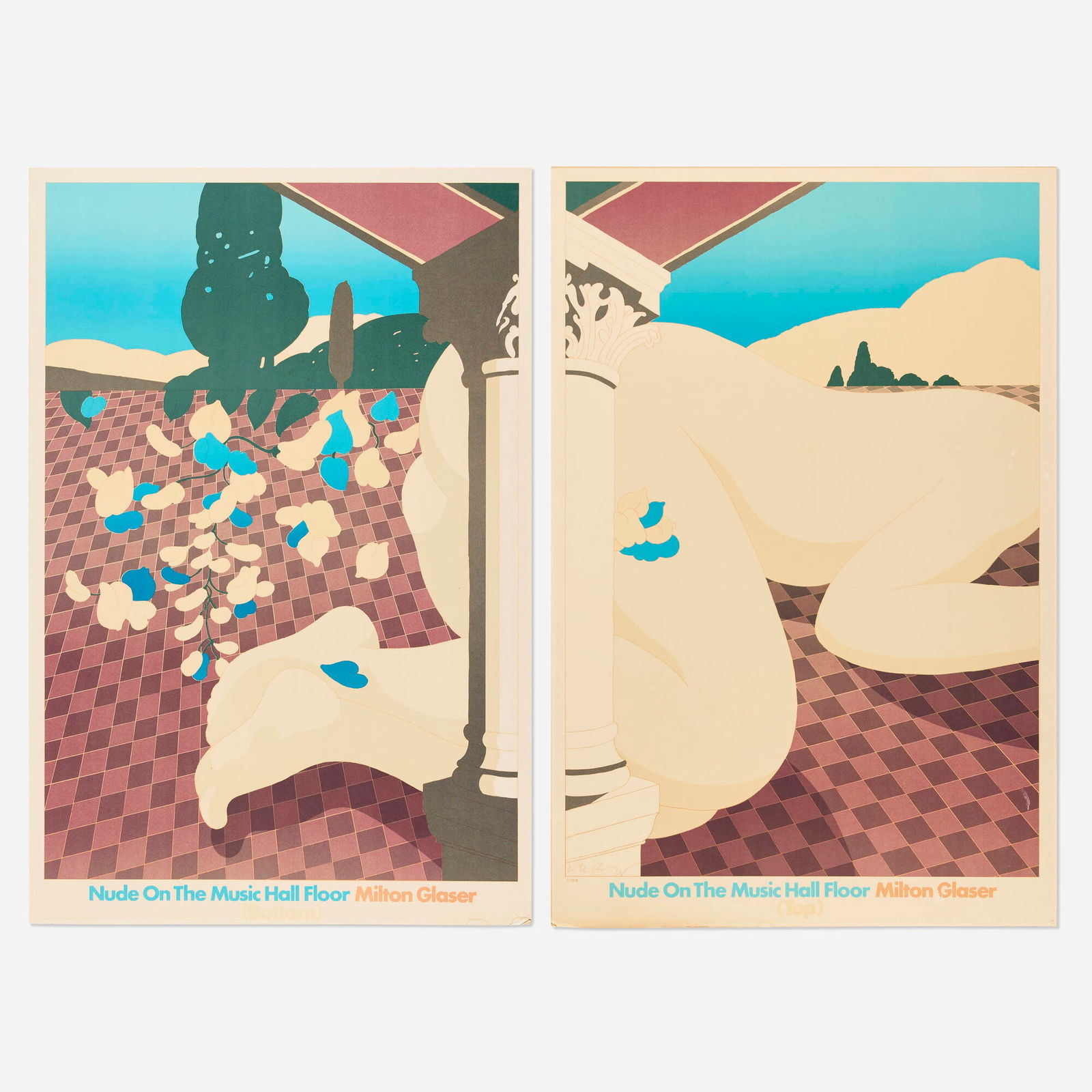 Milton Glaser, Nude on the Music Hall Floor poster (diptych): Milton Glaser Nude on the Music Hall Floor poster (diptych) 1978 offset lithograph in colors image (each): 33 h x 22.5 w in (84 x 57 cm) sheet (each): 36 h x 24 w in (91 x 61 cm) overall: 36 h x 48
