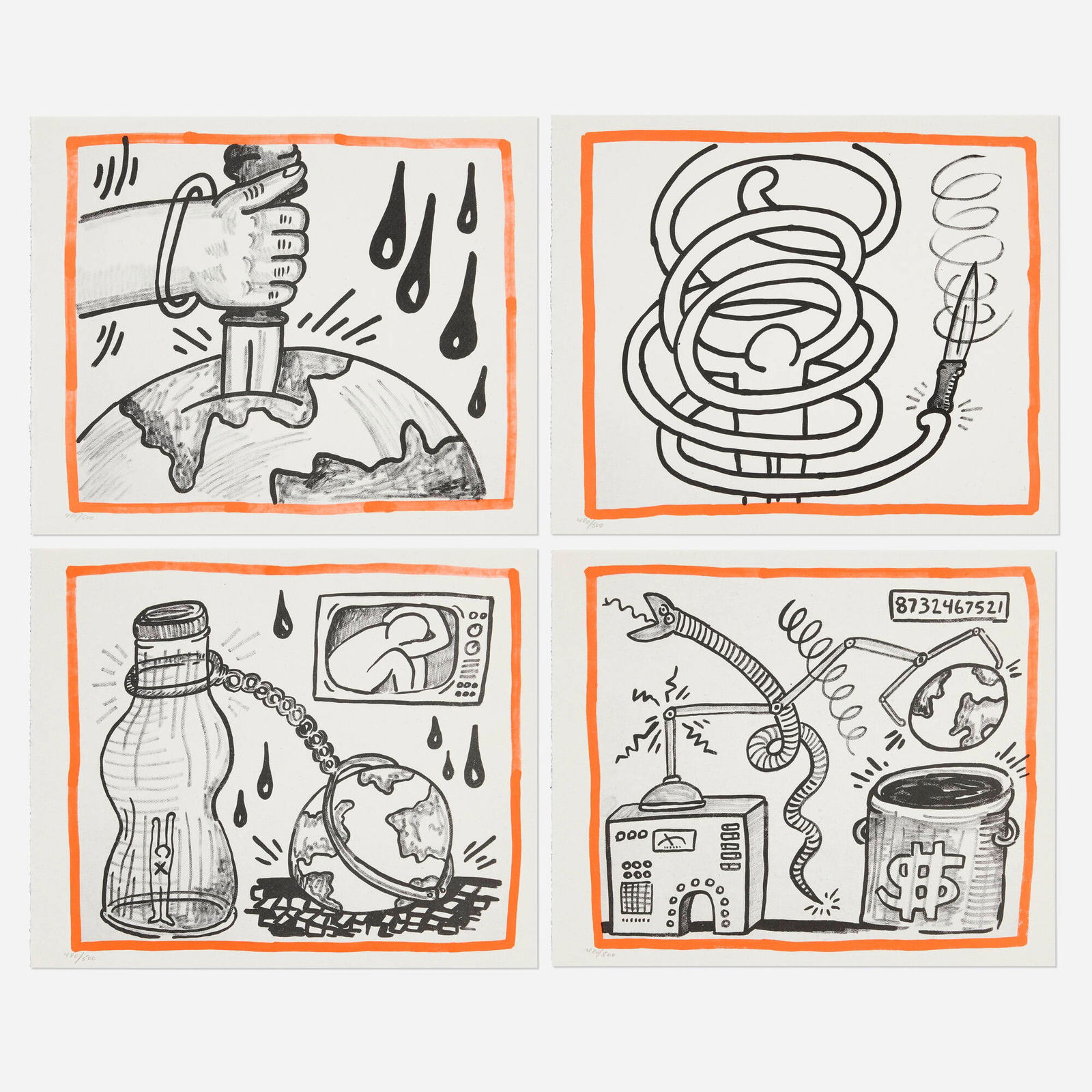 Keith Haring, Four works from the Against All Odds, 20 Drawings series: Keith Haring Four works from the Against All Odds, 20 Drawings series 1989 lithographic facsimile image (each): 7.875 h x 9.125 w in (20 x 23 cm) sheet (each): 8.5 h x 10.25 w in (22 x 26 cm) 