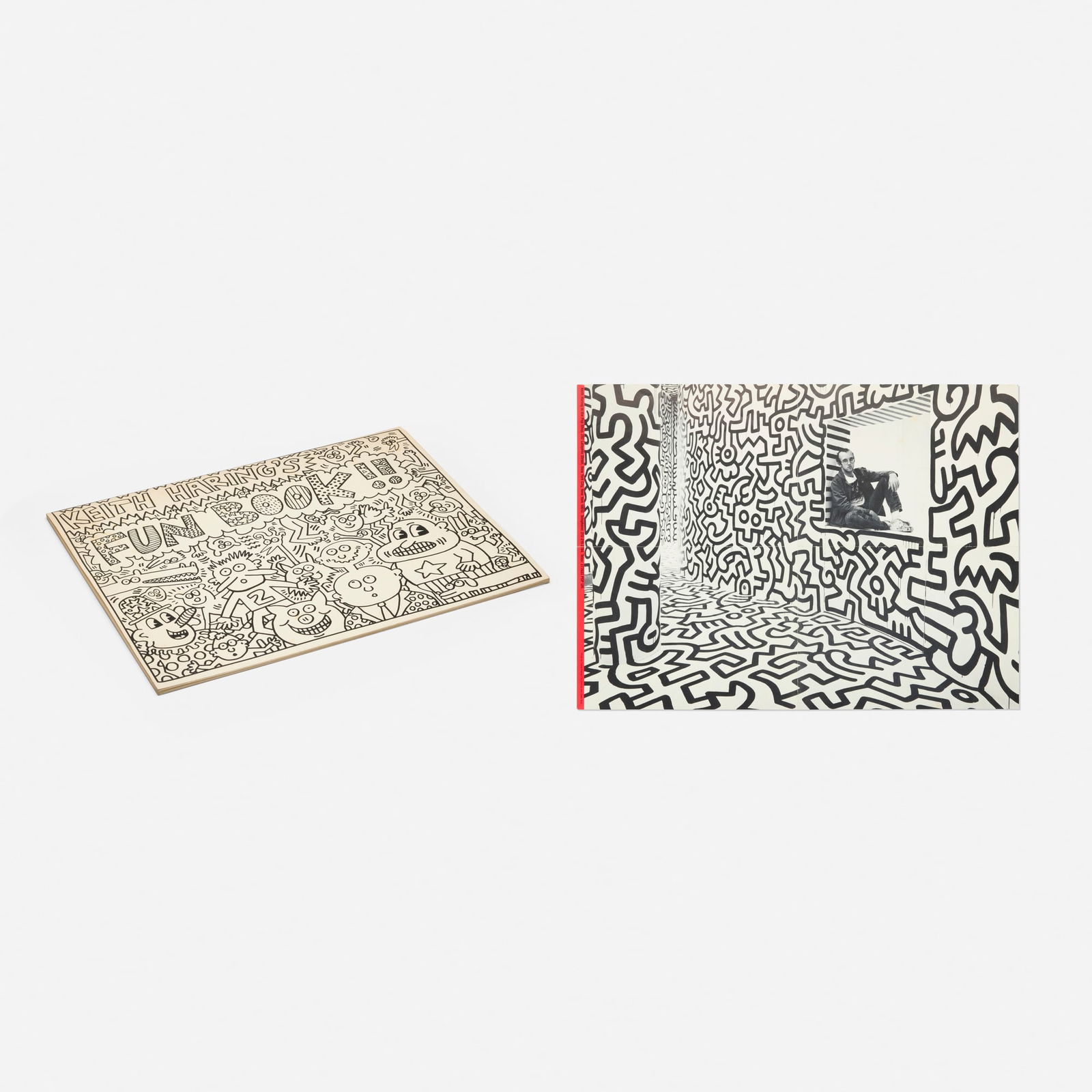 Keith Haring, FUN BOOK!!; Pop Shop exhibition poster (two works): Keith Haring FUN BOOK!!; Pop Shop exhibition poster (two works) 1985, c. 1989 bound book with offset lithographs; screenprint in colors 13 h x 17 w in (33 x 43 cm) 16 h x 21.875 w in (41 x 56 cm) 