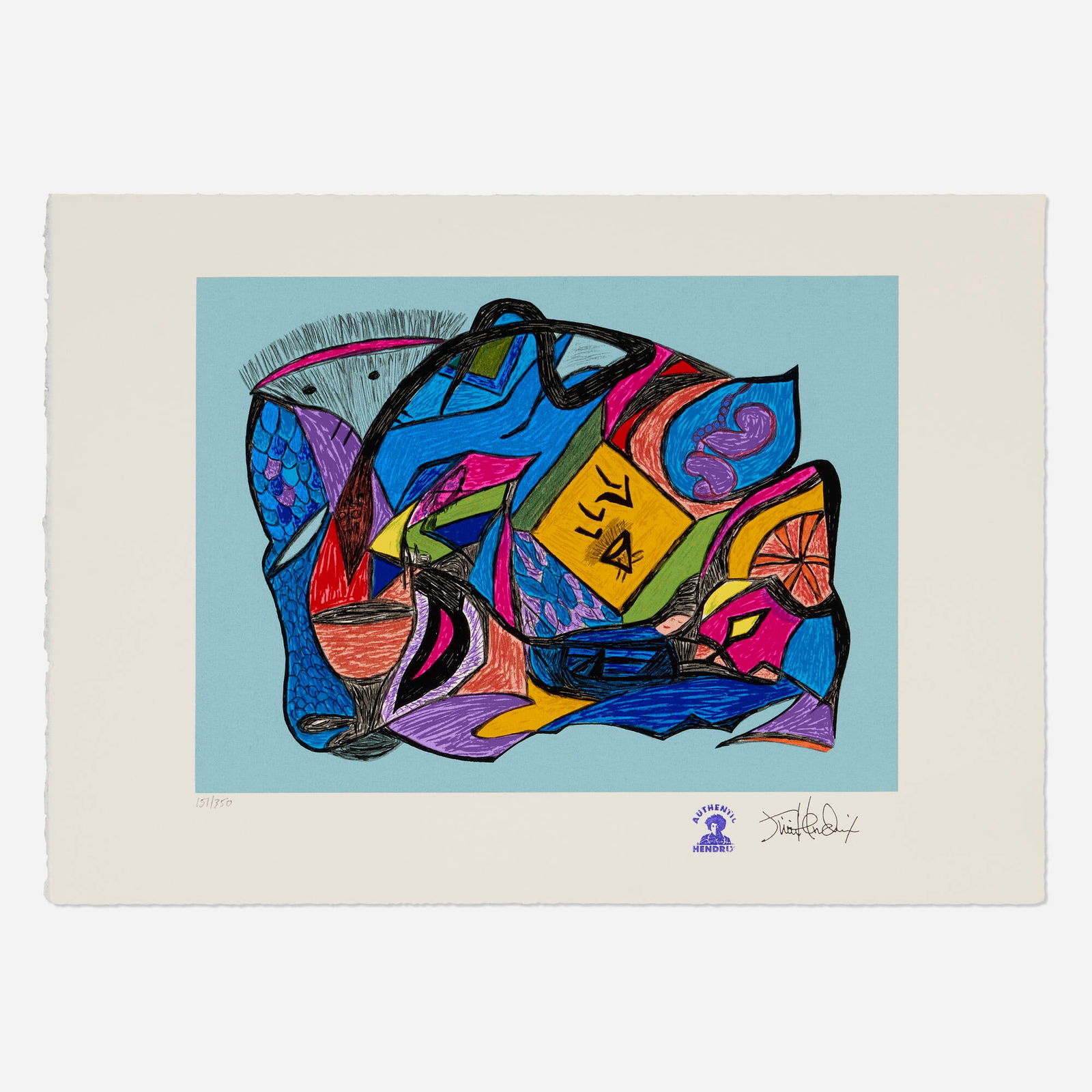 After Jimi Hendrix, Genesis: After Jimi Hendrix Genesis 1969 screenprint in colors on Arches image: 10.75 h x 14.625 w in (27 x 37 cm) sheet: 14.75 h x 20.75 w in (37 x 53 cm) Numbered to lower edge '157/350' with Hendrix