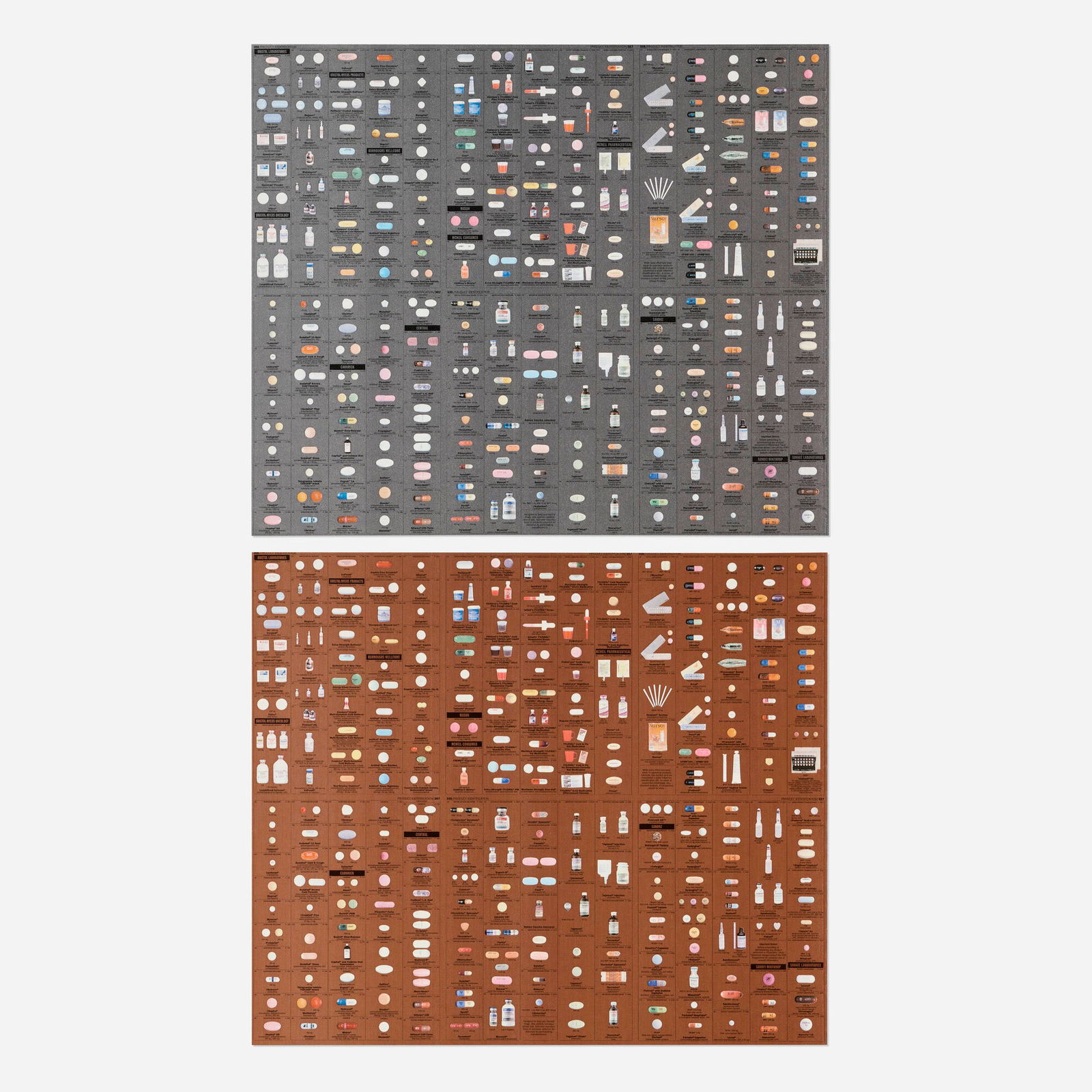 Damien Hirst, Pharmacy Wallpaper (two works): Damien Hirst Pharmacy Wallpaper (two works) 1997 gravure print in colors each: 18 h x 21 w in (46 x 53 cm) These works are first edition silver and gold wallpaper sheets designed for the Pharmacy