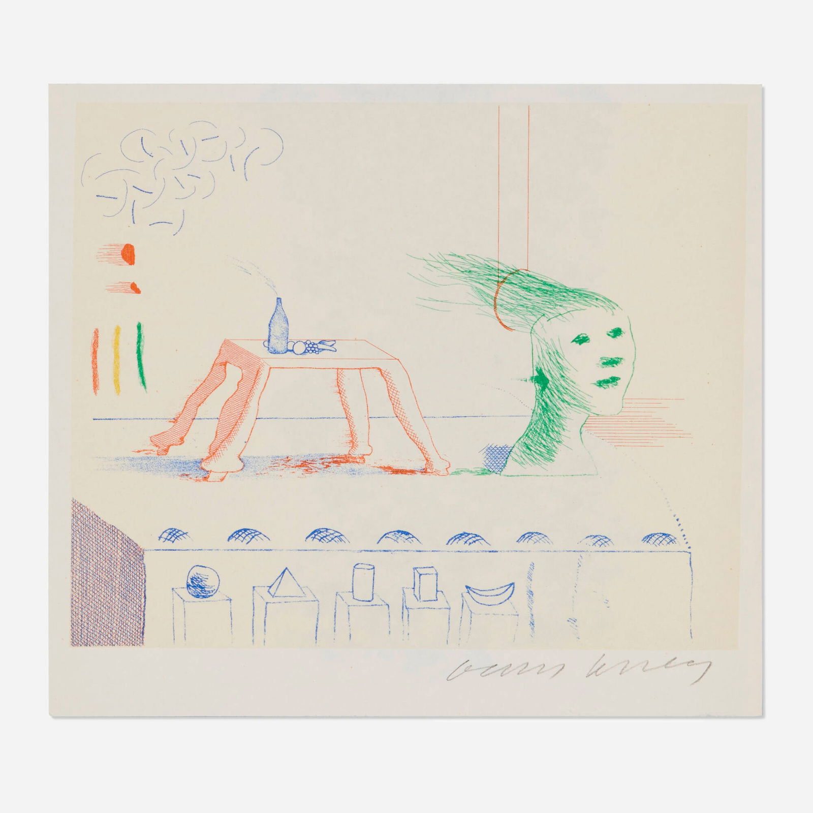 David Hockney, A Moving Still Life promotional card: David Hockney A Moving Still Life promotional card 1976-77 digital print image: 5.75 h x 7.125 w in (15 x 18 cm) sheet: 6.75 h x 7.625 w in (17 x 19 cm) Signed to lower right 'David Hockney'. 
