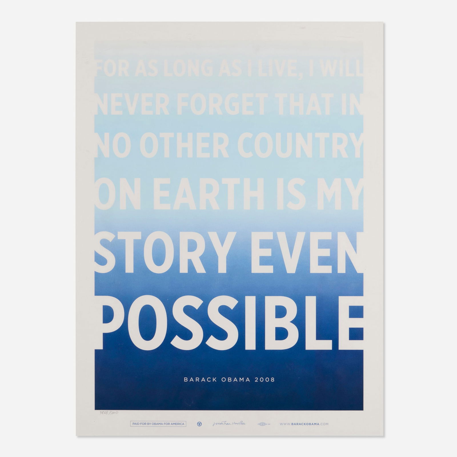 Jonathan Hoefler, Possible (for the Artists for Obama series): Jonathan Hoefler Possible (for the Artists for Obama series) 2008 offset lithograph in colors image: 29.5 h x 29.375 w in (75 x 75 cm) sight: 33 h x 24.5 w in (84 x 62 cm) Numbered to lower left