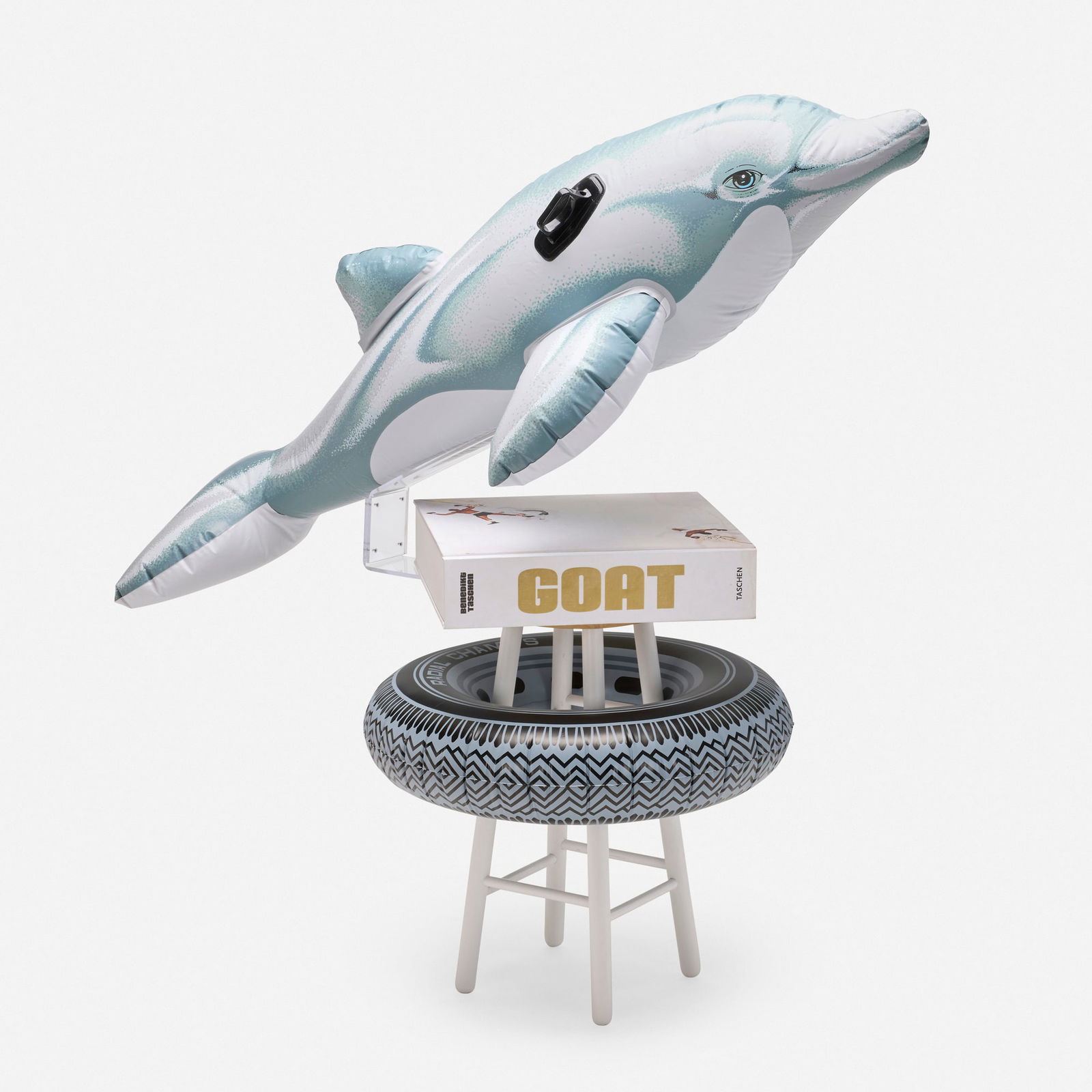 Jeff Koons, GOAT: A Tribute to Muhammad Ali - Champ's Edition: Jeff Koons GOAT: A Tribute to Muhammad Ali - Champ's Edition 2004 bound printed paper, inflatable PVC, painted wood, maple, gelatin silver print sculpture: 72.5 h x 76 w x 33.5 d in (184 x 193 x 85