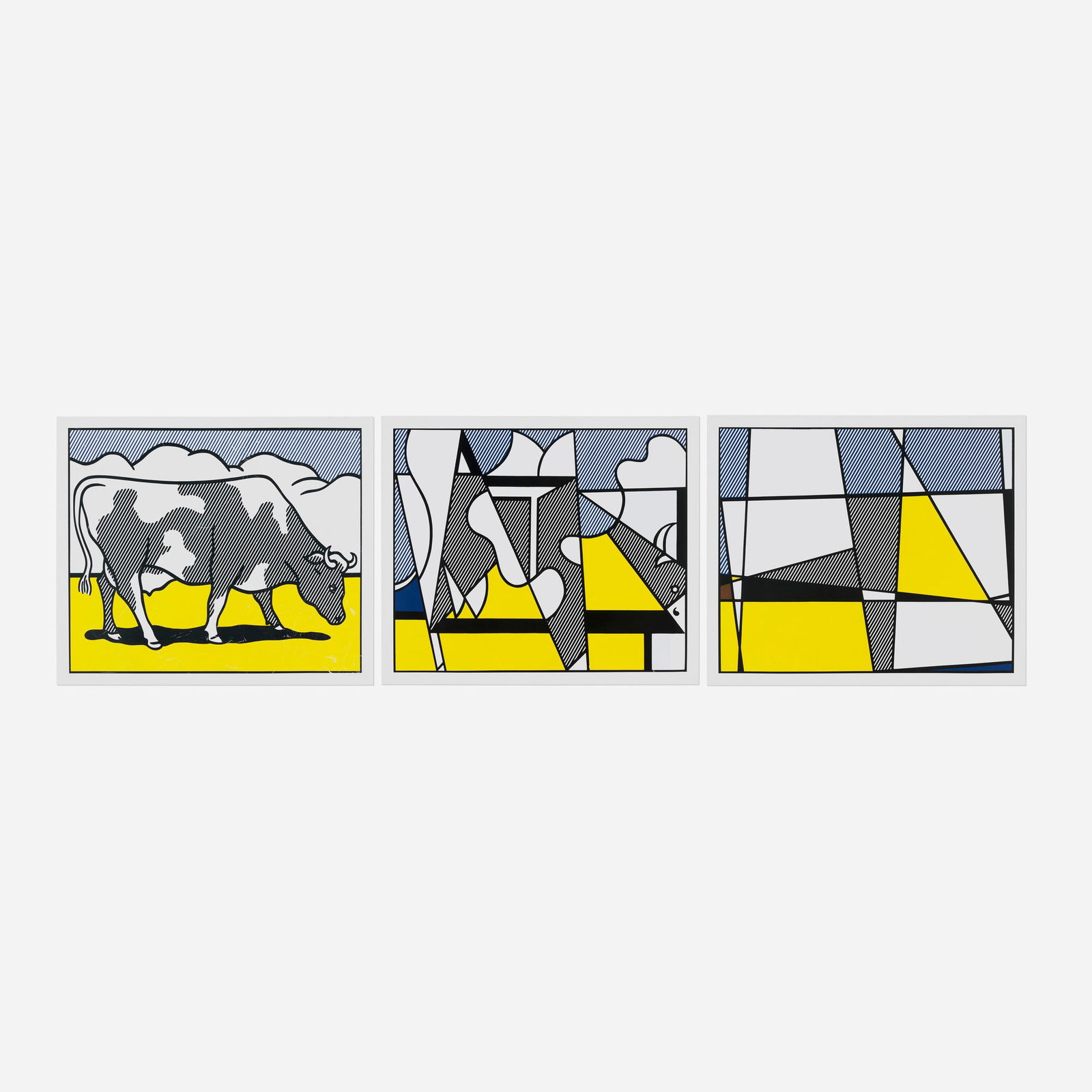 After Roy Lichtenstein, Cow Triptych (Cow Going Abstract): After Roy Lichtenstein Cow Triptych (Cow Going Abstract) 1982 screenprint in colors image (each): 23.75 h x 28.375 w in (60 x 72 cm) sheet (each): 26 h x 30.625 w in (66 x 78 cm) This work is from