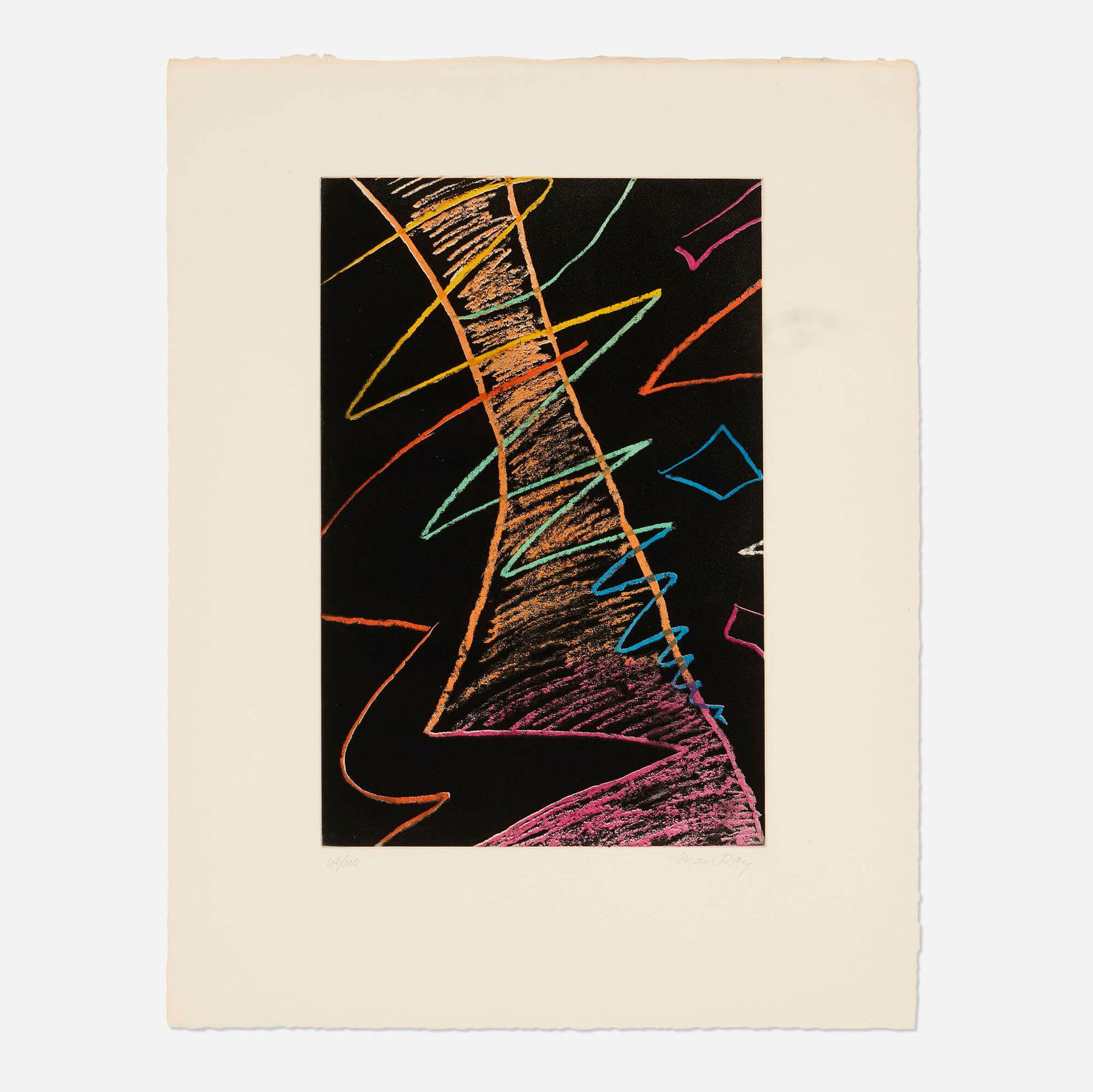 Man Ray, On the Moon: Man Ray On the Moon 1967 etching and aquatint in colors on Lana image: 18 h x 11.75 w in (46 x 30 cm) sheet: 26 h x 20 w in (66 x 51 cm) Signed and numbered to lower edge '40/100 Man Ray'. This