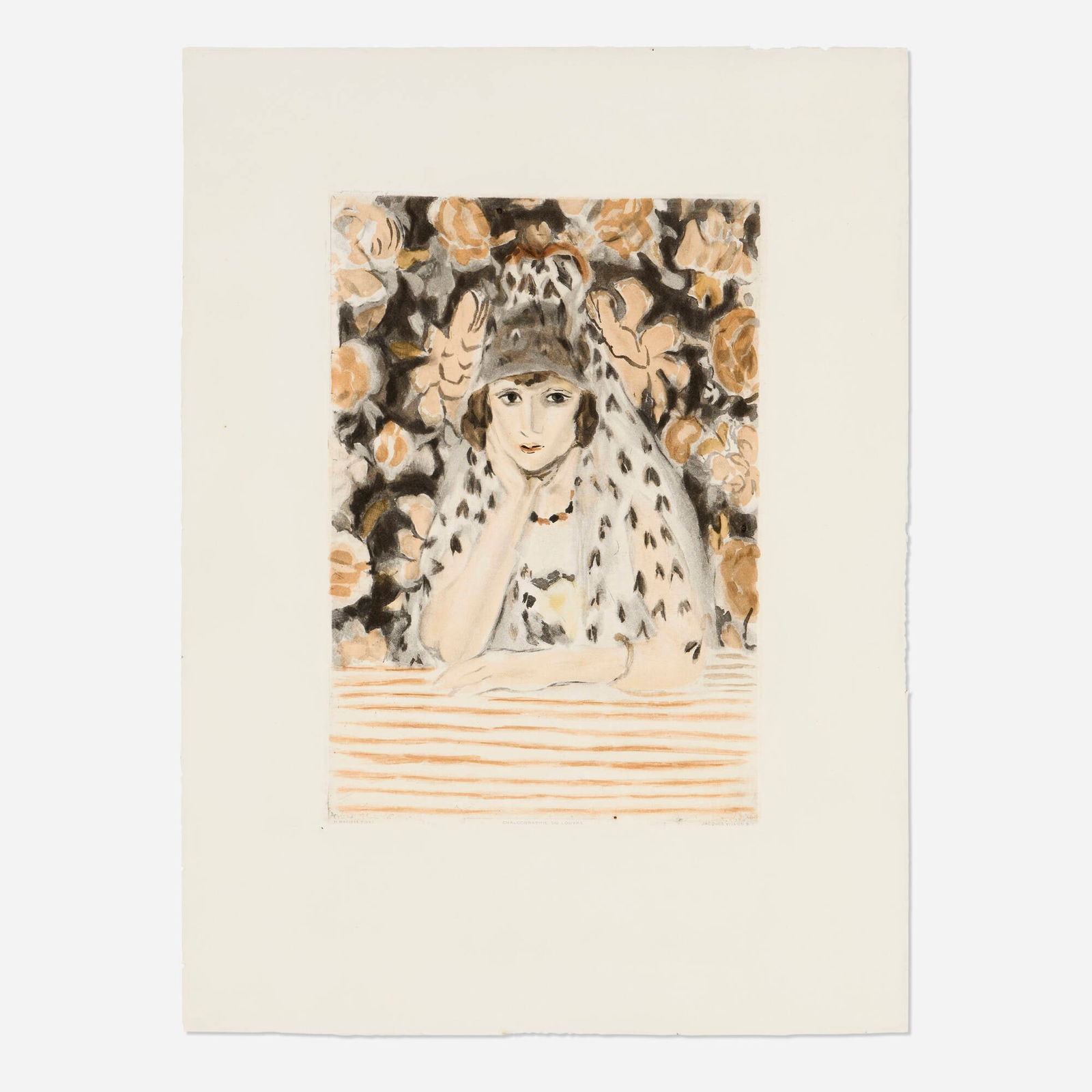 After Henri Matisse by Jacques Villon, L'espagnole: After Henri Matisse by Jacques Villon L'espagnole 1925 aquatint in colors with roulette on Arches image: 15.25 h x 10.5 w in (39 x 27 cm) sheet: 24 h x 17.625 w in (61 x 45 cm) This work is a