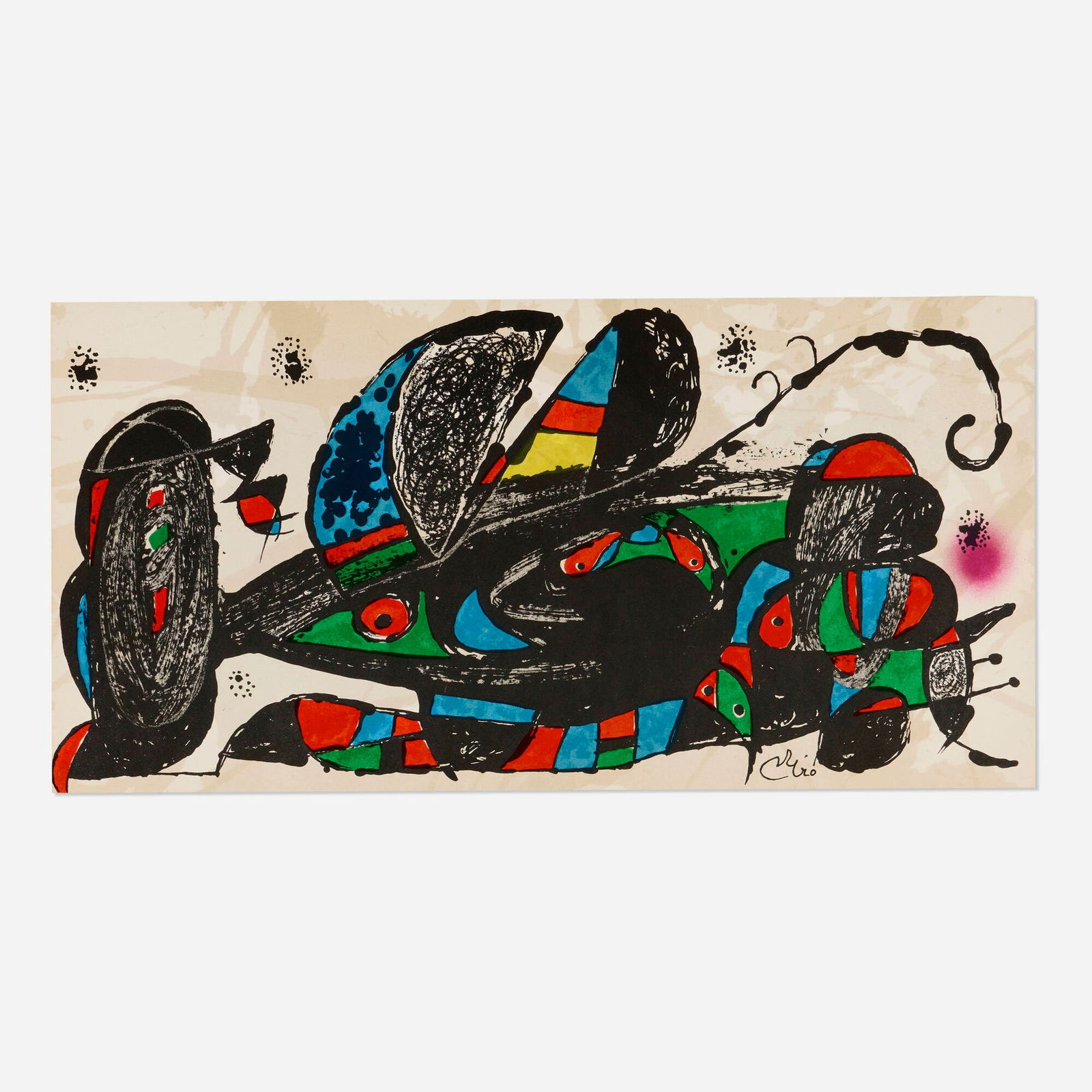 Joan Miro, Iran (from the Escultor portfolio): Joan Miro Iran (from the Escultor portfolio) 1974 lithograph in colors on Guarro 7.75 h x 15.625 w in (20 x 40 cm) This work is from the edition of 1500 published by Poligrafa, Barcelona. 