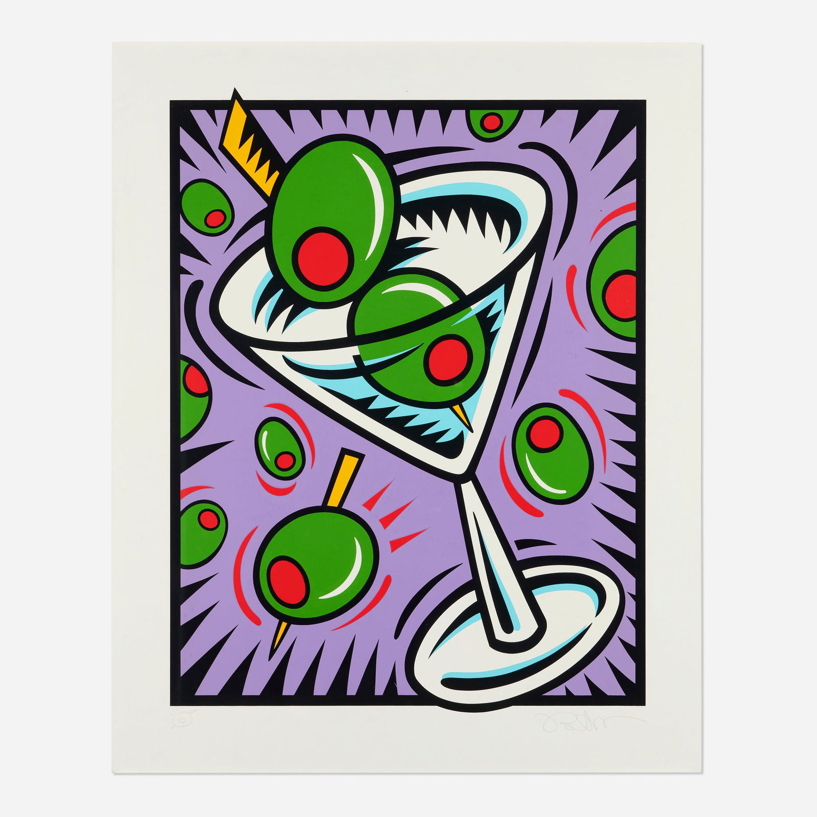 Burton Morris, Martini and Olive: Burton Morris Martini and Olive screenprint in colors image: 31 h x 23.5 w in (79 x 60 cm) sight: 36 h x 29 w in (91 x 74 cm) Signed to lower edge 'Burton Morris' with artist's doodle. This work