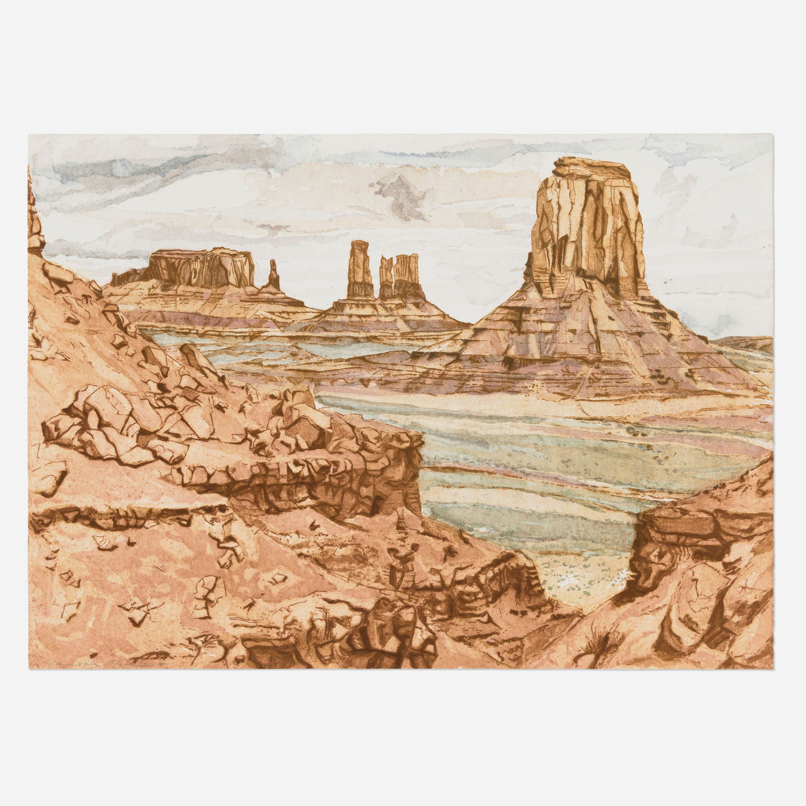 Philip Pearlstein, Monument Valley: Philip Pearlstein Monument Valley 1981 etching and aquatint in colors on BFK Rives 29 h x 40.25 w in (74 x 102 cm) Signed, titled, numbered and dated to lower left '41/41 Monument Valley Philip