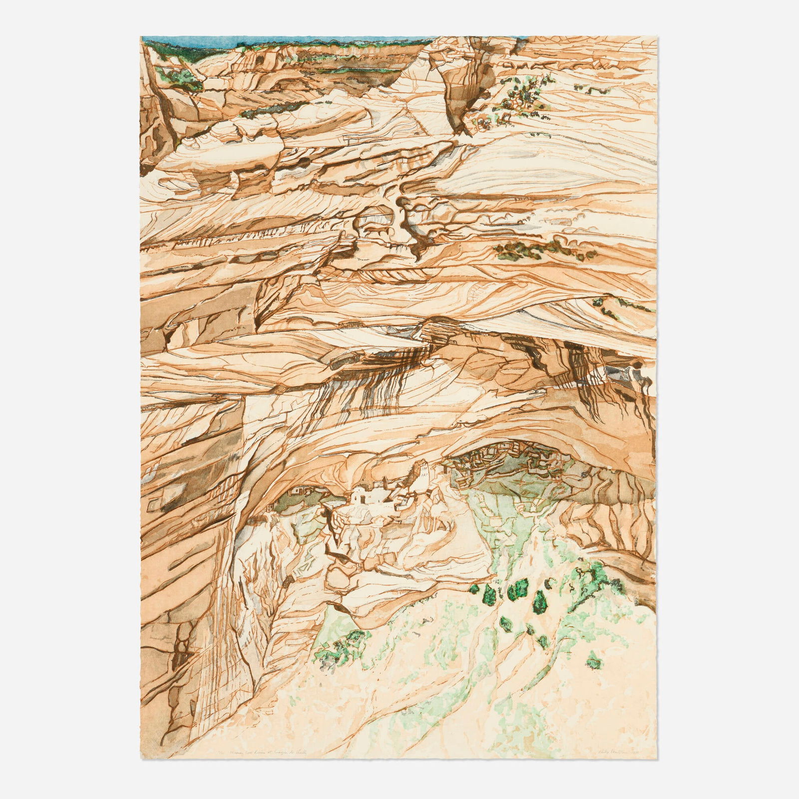 Philip Pearlstein, Mummy Cave Ruins at Canyon de Chelly: Philip Pearlstein Mummy Cave Ruins at Canyon de Chelly 1980 aquatint in colors 39.875 h x 28.625 w in (101 x 73 cm) Signed, titled, dated and numbered to lower edge '4/41 Mummy Cave Ruins at