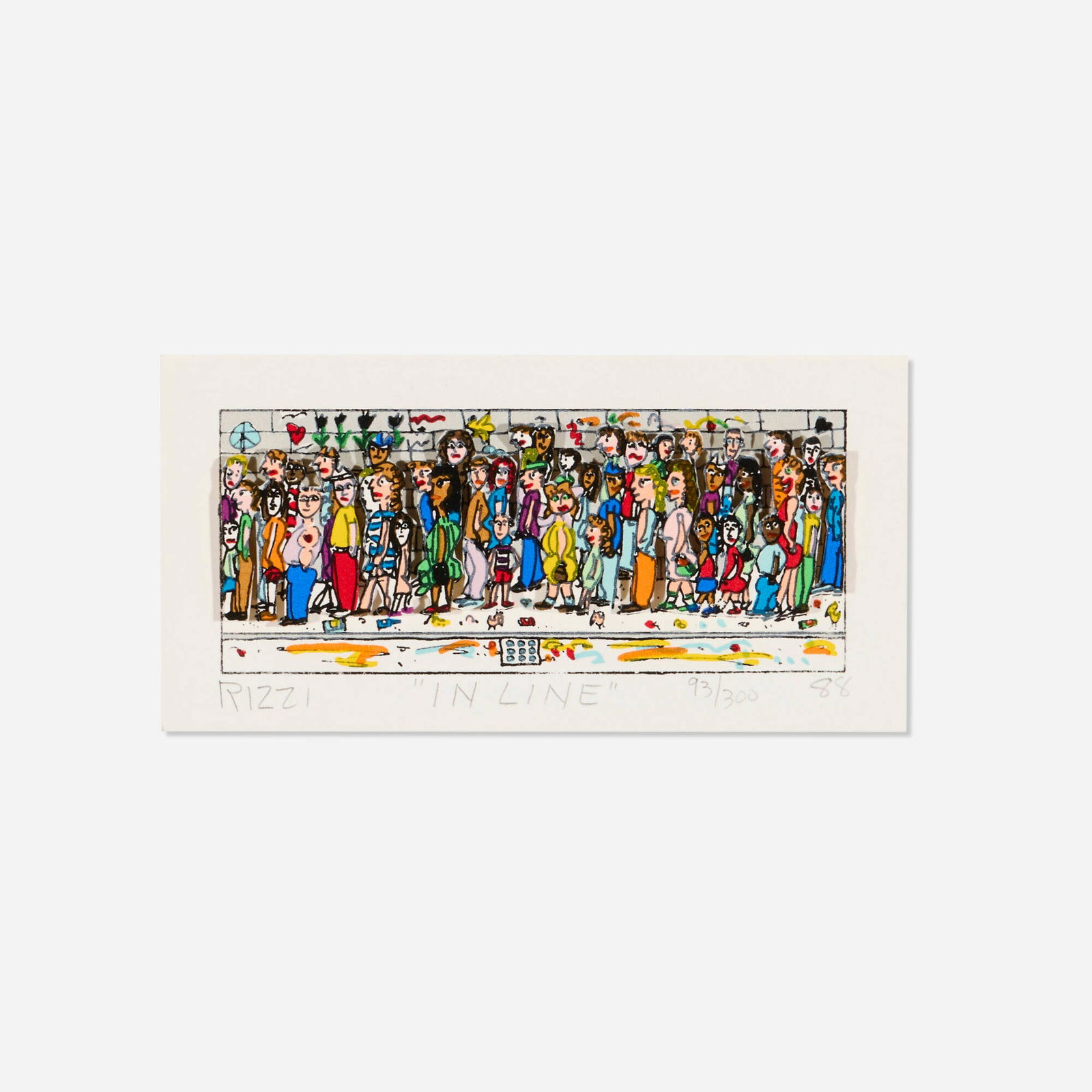 James Rizzi, In Line: James Rizzi In Line 1988 3-D screenprint and offset lithograph in colors with hand-colored additions image: 2 h x 4.75 w in (5 x 12 cm) sheet: 5.375 h x 7.875 w in (14 x 20 cm) Signed, titled,