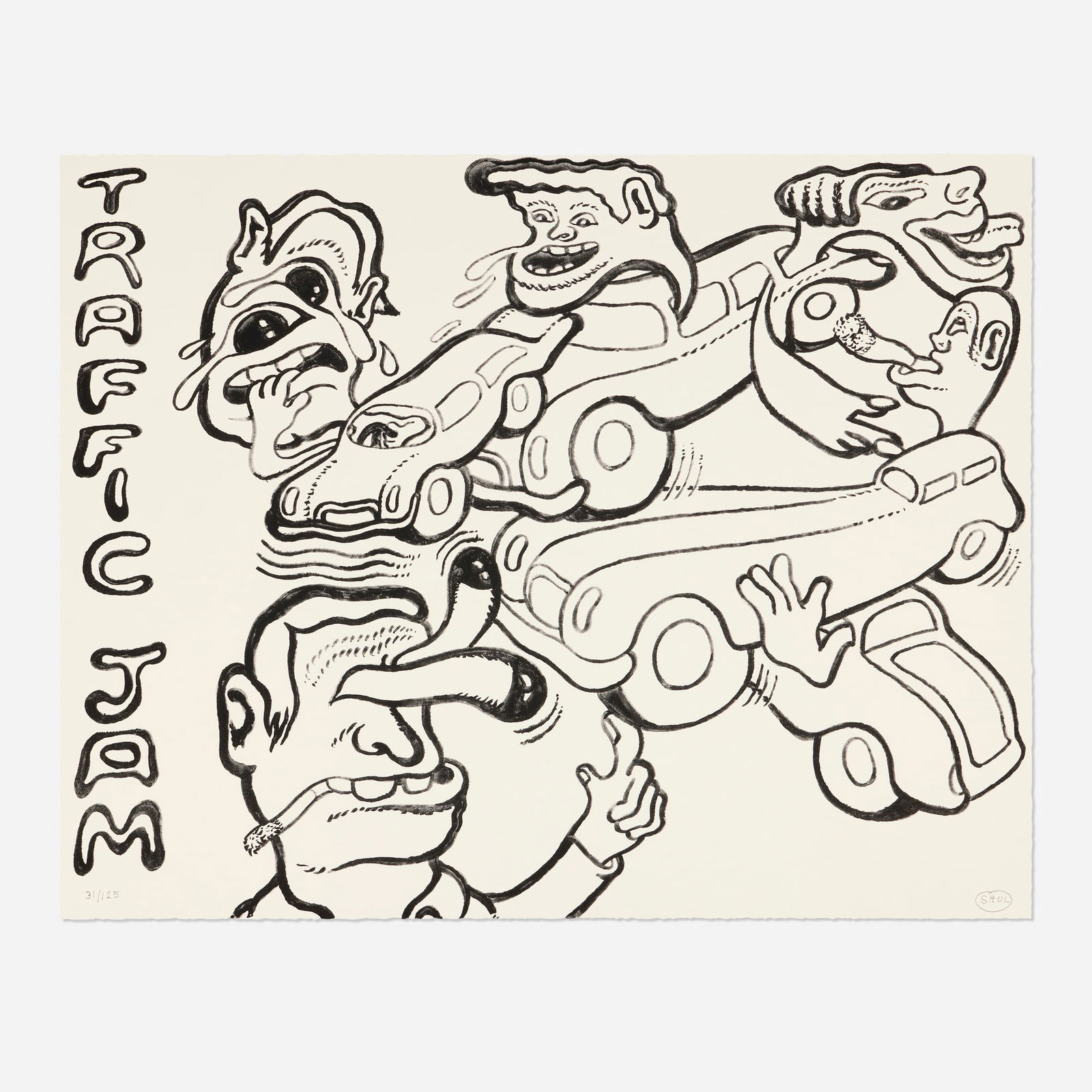 Peter Saul, Traffic Jam: Peter Saul Traffic Jam 2022 lithograph on Somerset 23.5 h x 29.75 w in (60 x 76 cm) Signed and numbered to lower edge '31/125 Saul'. This work is number 31 from the edition of 125 published by
