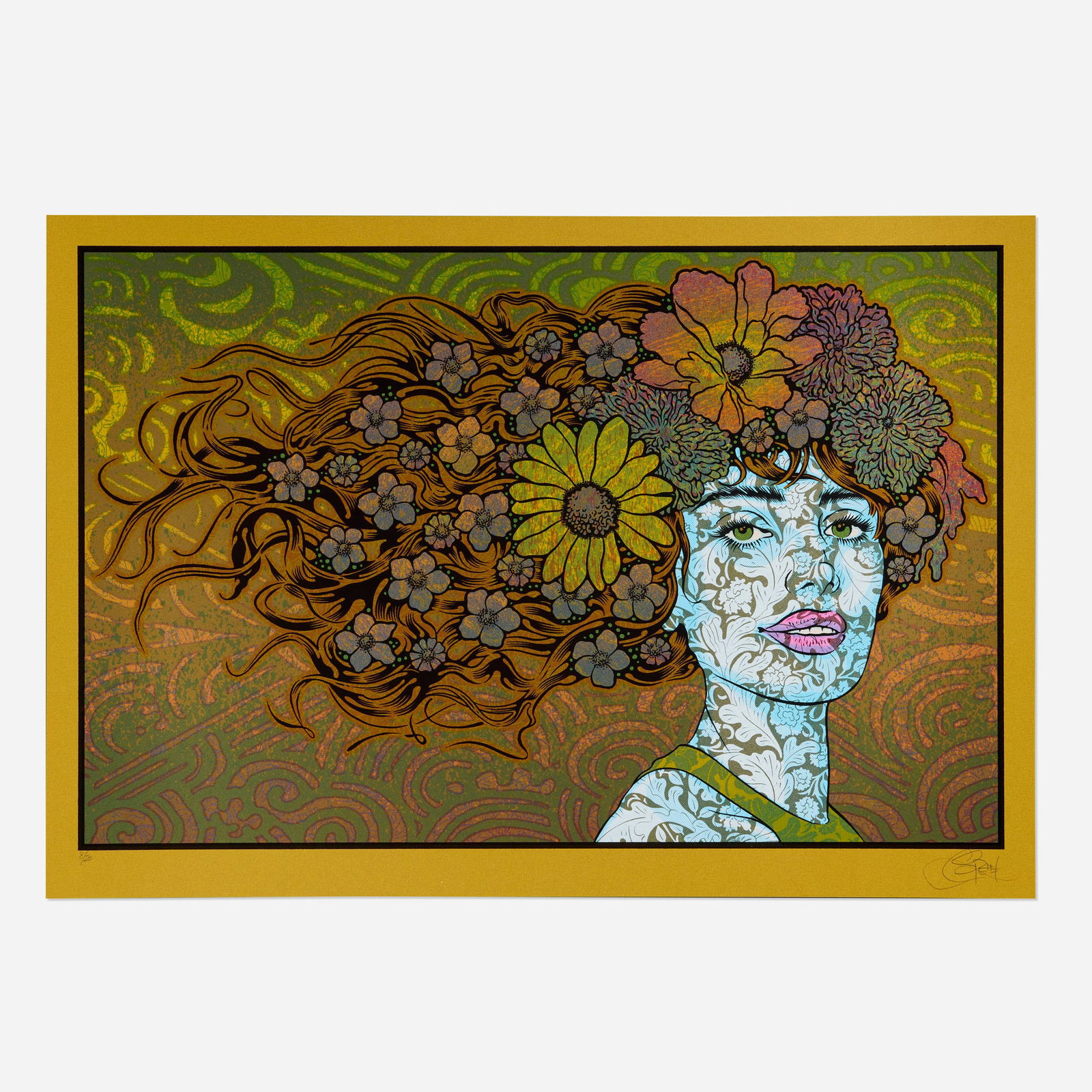 Chuck Sperry, Pneuma: Chuck Sperry Pneuma 2024 screenprint in colors on metallic gold paper image: 19 h x 29 w in (48 x 74 cm) sheet: 21.5 h x 31 w in (55 x 79 cm) Signed and numbered to lower edge '8/20 Chuck Sperry'.