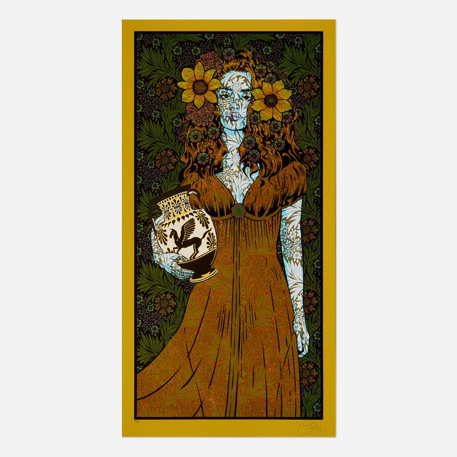 Chuck Sperry, Danaide: Chuck Sperry Danaide 2025 screenprint in colors on metallic gold paper image: 32.25 h x 15.625 w in (82 x 40 cm) sheet: 35 h x 18 w in (89 x 46 cm) Signed and numbered to lower edge '22/25 Chuck