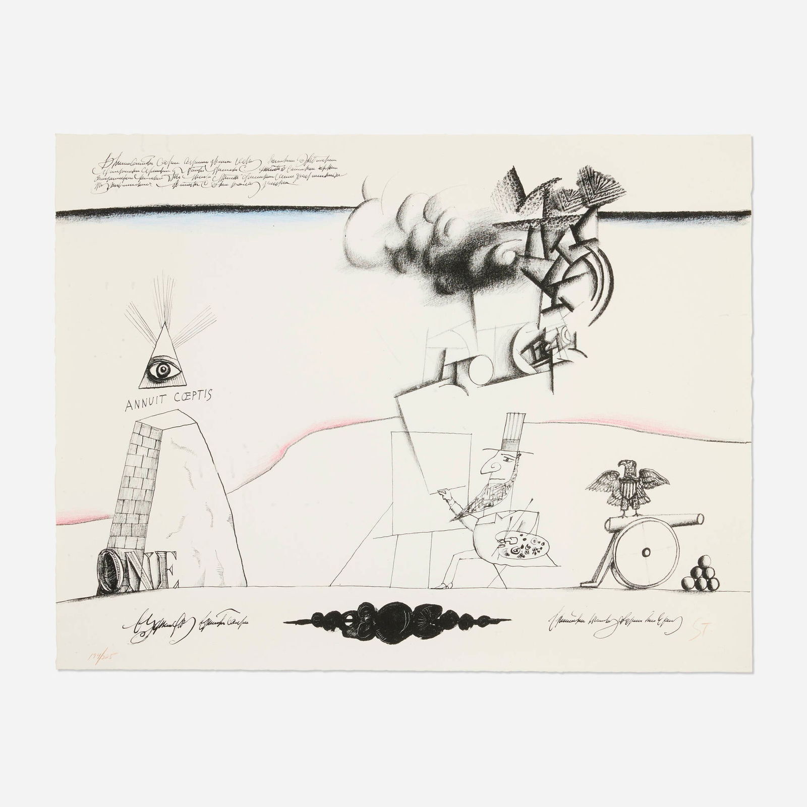 Saul Steinberg, Sam's Art (from the New York International portfolio): Saul Steinberg Sam's Art (from the New York International portfolio) 1966lithograph in colors 16.5 h x 21.625 w in (42 x 55 cm) Signed and numbered to lower edge '194/225 ST'. This work is num