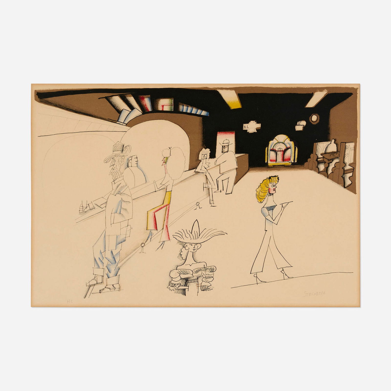 Saul Steinberg, Nebraska (Bar Room Scene): Saul Steinberg Nebraska (Bar Room Scene) 1966 lithograph in colors sight: 16 h x 23.625 w in (41 x 60 cm) Signed and numbered to lower edge 'HC Steinberg'. This work is a hors commerce print apart