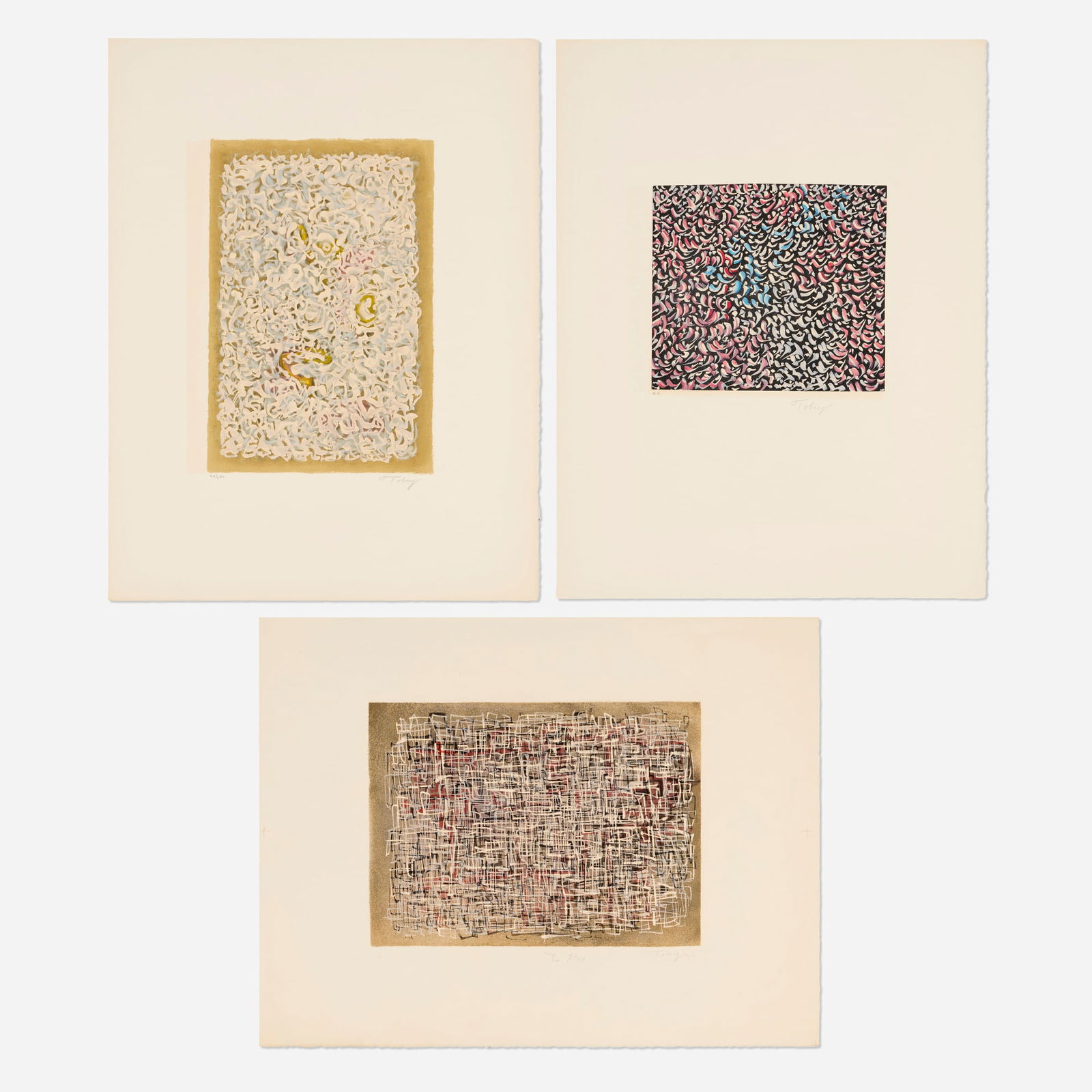 Mark Tobey, Renaissance of a Flower; The Grand Parade (from the Homage to Tobey portfolio); High: Mark Tobey Renaissance of a Flower; The Grand Parade (from the Homage to Tobey portfolio); High Tide (three works) 1974/1975 lithograph in colors 25.25 h x 19.5 w in (64 x 50 cm) 19.625 h x 25.625