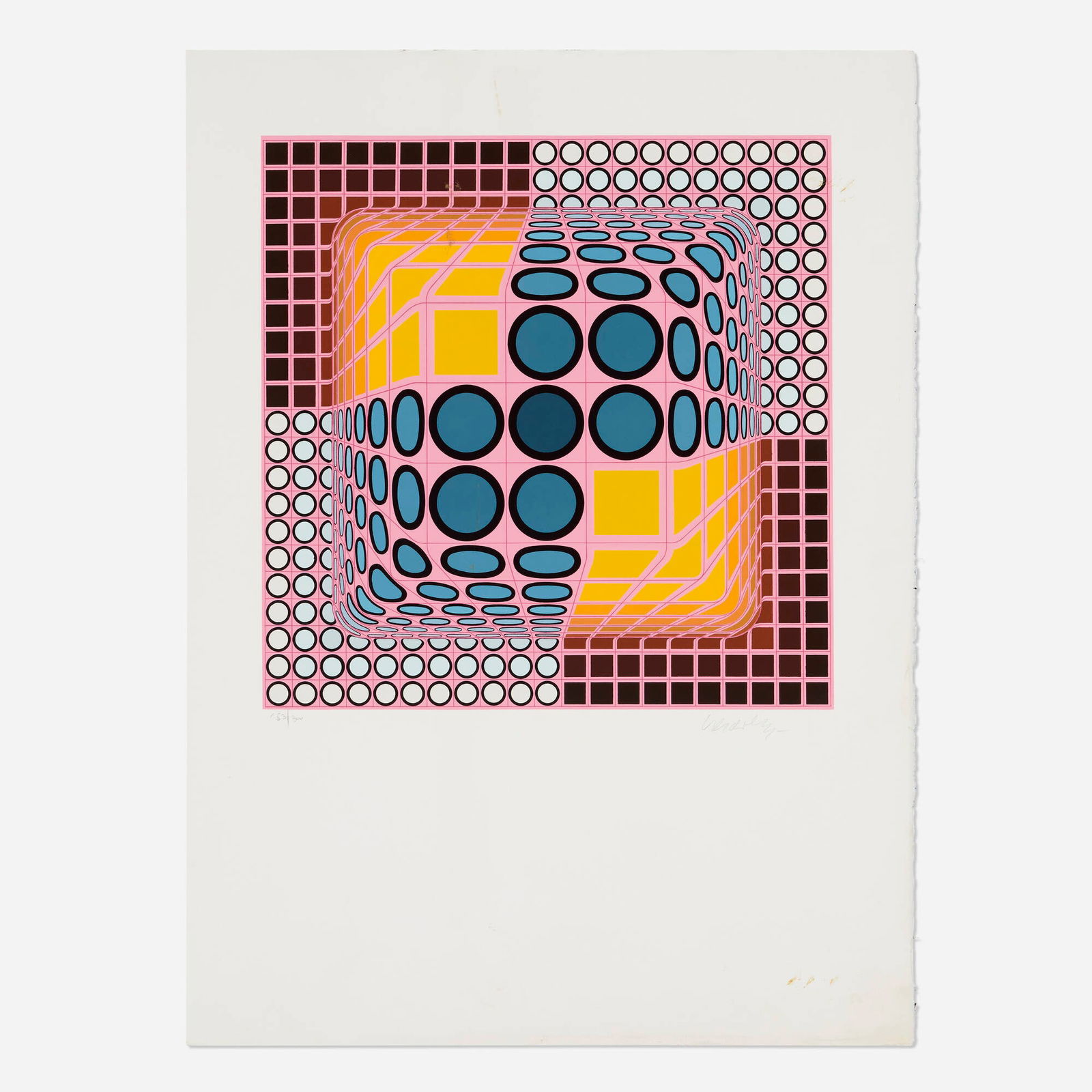 Victor Vasarely, Jenge: Victor Vasarely Jenge c. 1980screenprint in colors image: 16 h x 16 w in (41 x 41 cm) sheet: 27.625 h x 20.25 w in (70 x 51 cm) Signed and numbered to lower edge 'XL/L Victor Vasarely'. Thi