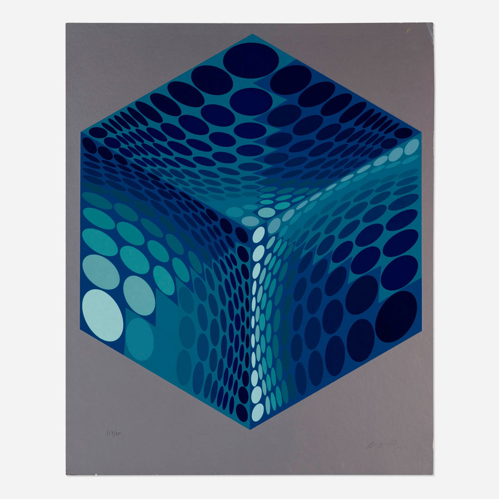 Victor Vasarely, Parmenide (Blue and Silver): Victor Vasarely Parmenide (Blue and Silver) c. 1970screenprint in colors on foil paper 25 h x 20.5 w in (63 x 52 cm) Signed and numbered to lower edge '117/250 Victor Vasarely'. This work is n
