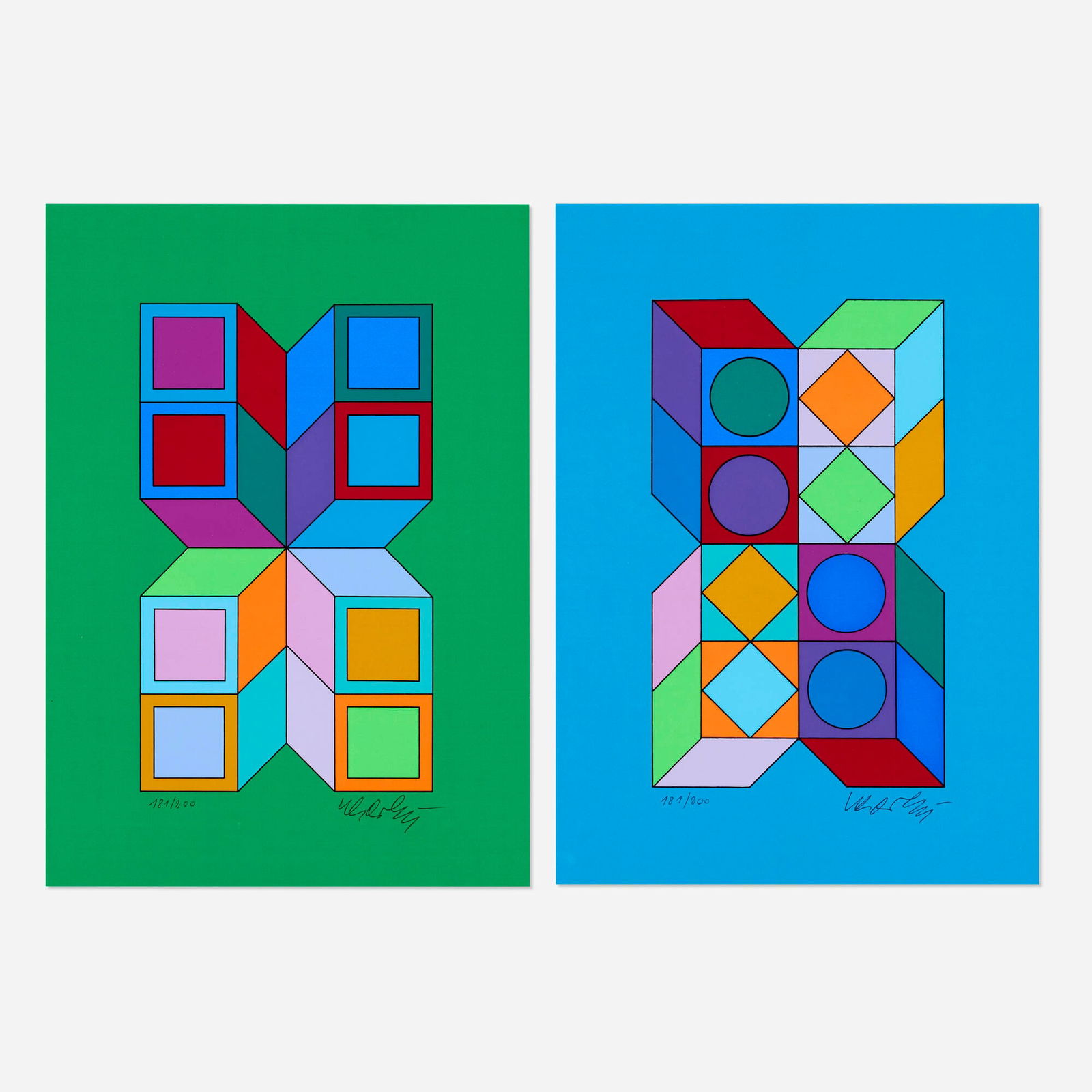 Victor Vasarely, Sonora (two works): Victor Vasarely Sonora (two works) 1971screenprint in colors 8.25 h x 5.875 w in (21 x 15 cm) Signed and numbered to lower edge of each '181/200 Vasarely'. These works are number 181 from the