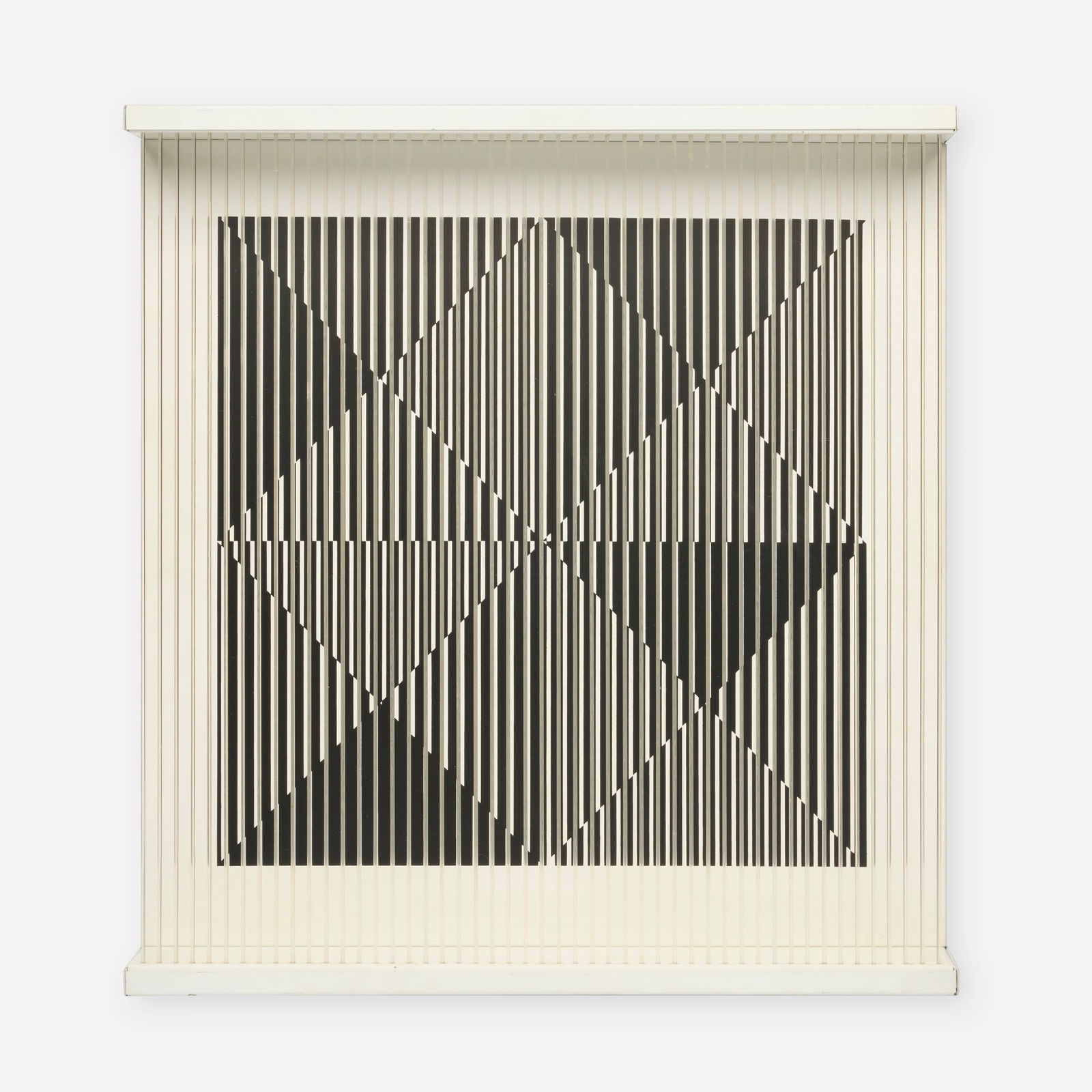 Yvaral (Jean-Pierre Vasarely), Structure Acceleree C: Yvaral (Jean-Pierre Vasarely) Structure Acceleree C 1970screenprint on metal, nylon filament 21 h x 19.75 w x 3.75 d in (53 x 50 x 10 cm) Signed and numbered to label to verso 'Yvaral 23/150'.
