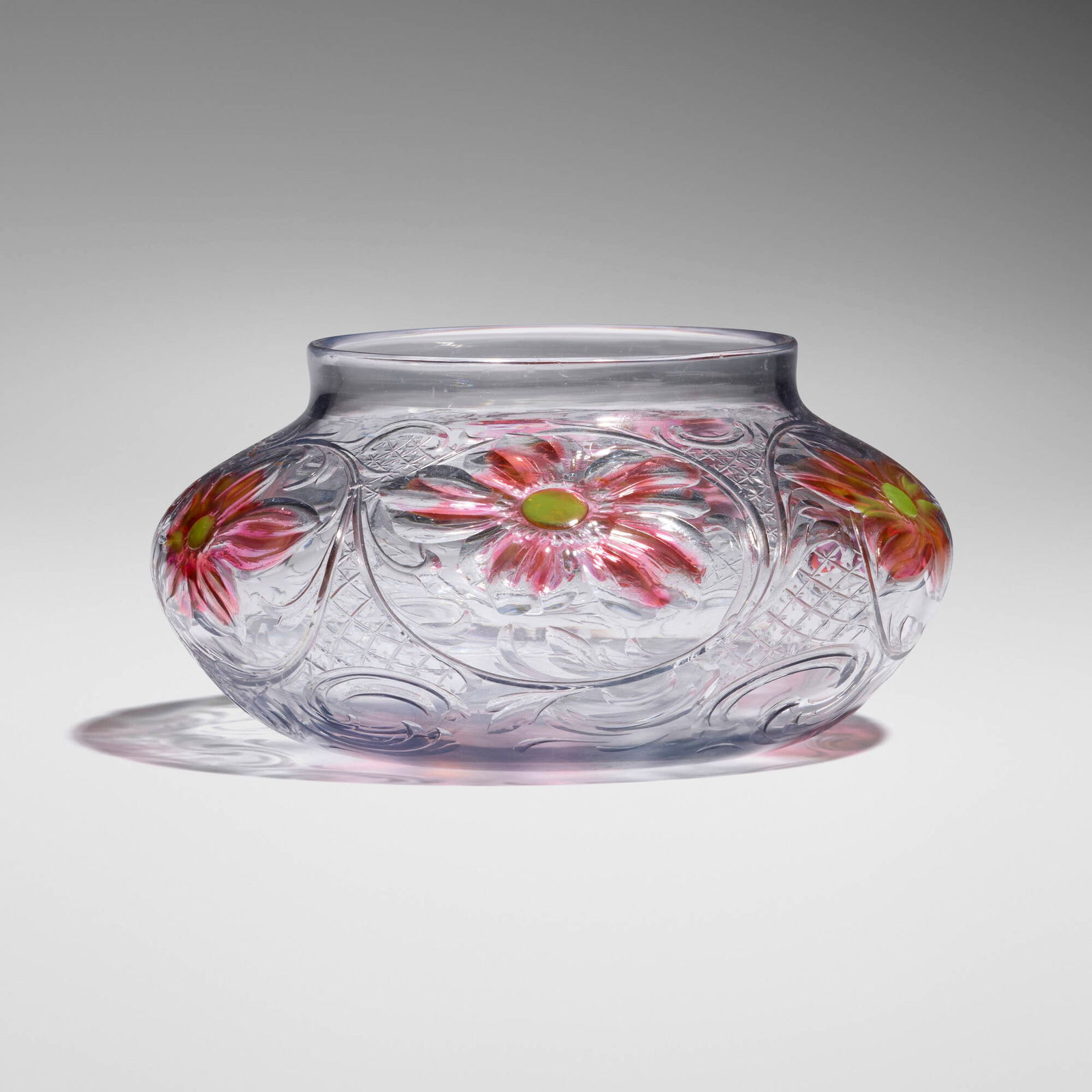 Tiffany Studios, Intaglio vase with cherry blossoms and daisies: Tiffany Studios Intaglio vase with cherry blossoms and daisies USA, c. 1900 wheel-carved and internally decorated glass 3.125 h x 6 dia in (8 x 15 cm) Etched to underside 'x4473 L. C. Tiffany -