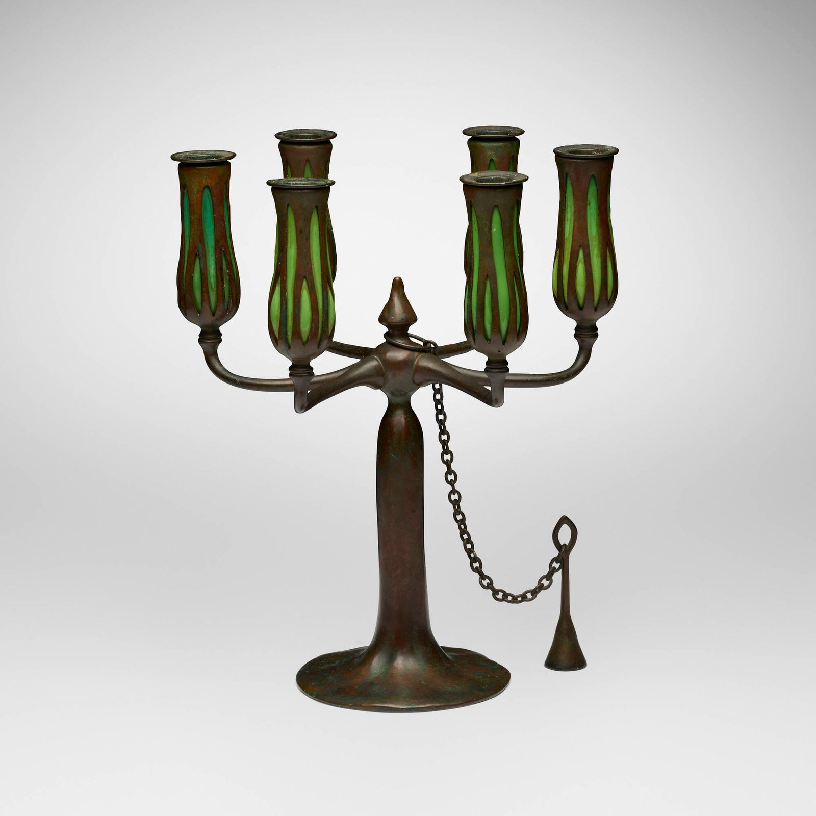 Tiffany Studios, Six-arm candelabrum with snuffer: Tiffany Studios Six-arm candelabrum with snuffer USA, c. 1910patinated bronze, hand-blown glass 14.25 h x 11.75 dia in (36 x 30 cm) Impressed to underside '11644 TIFFANY STUDIOS NEW YORK 1291'