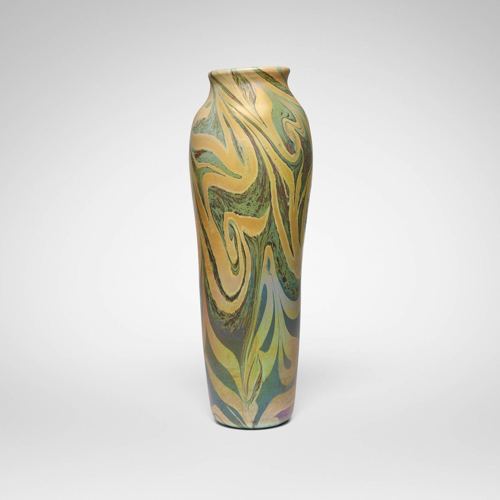 Tiffany Studios, Early and Monumental Damascene Cypriote vase: Tiffany Studios Early and Monumental Damascene Cypriote vase USA, c. 1897-99hand-blown Favrile glass 25.25 h x 8.75 dia in (64 x 22 cm) Etched to underside 'F681 L.C.T.'. Proven