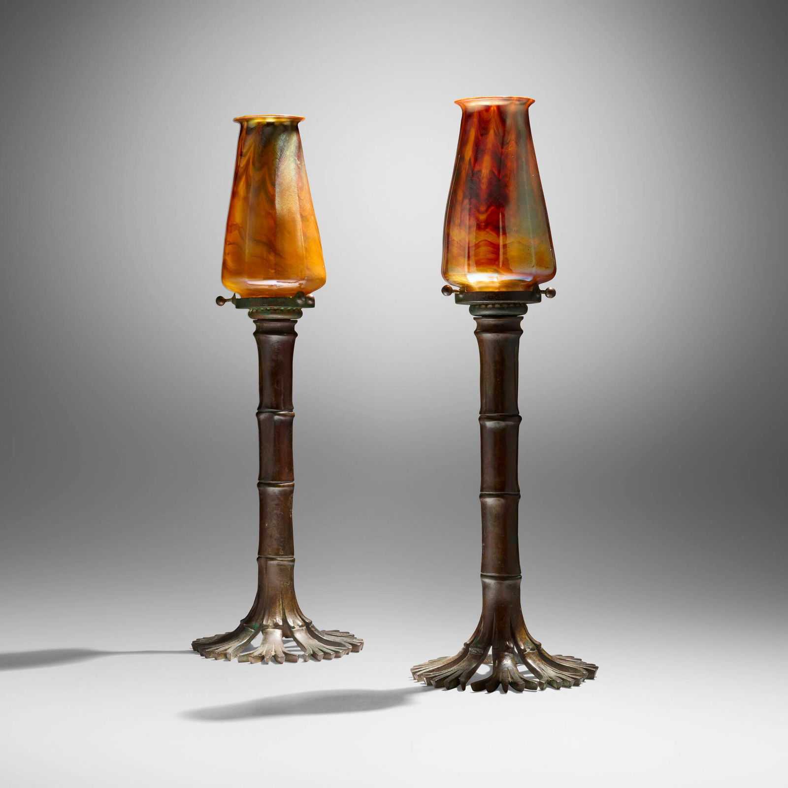 Tiffany Studios, Bamboo candlesticks with reactive shades, pair (1 of 8)
