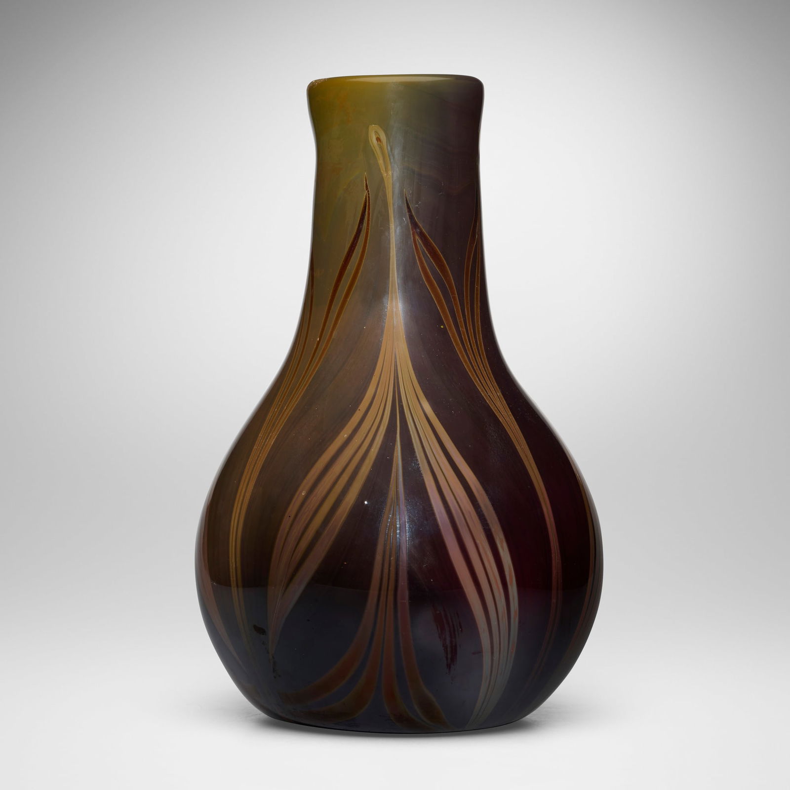 Tiffany Studios, Monumental decorated vase: Tiffany Studios Monumental decorated vase USA, c. 1926hand-blown Favrile glass 19 h x 12 dia in (48 x 30 cm) Etched to underside 'L.C.T. 513N L. C. Tiffany - Favrile'. Provenanc