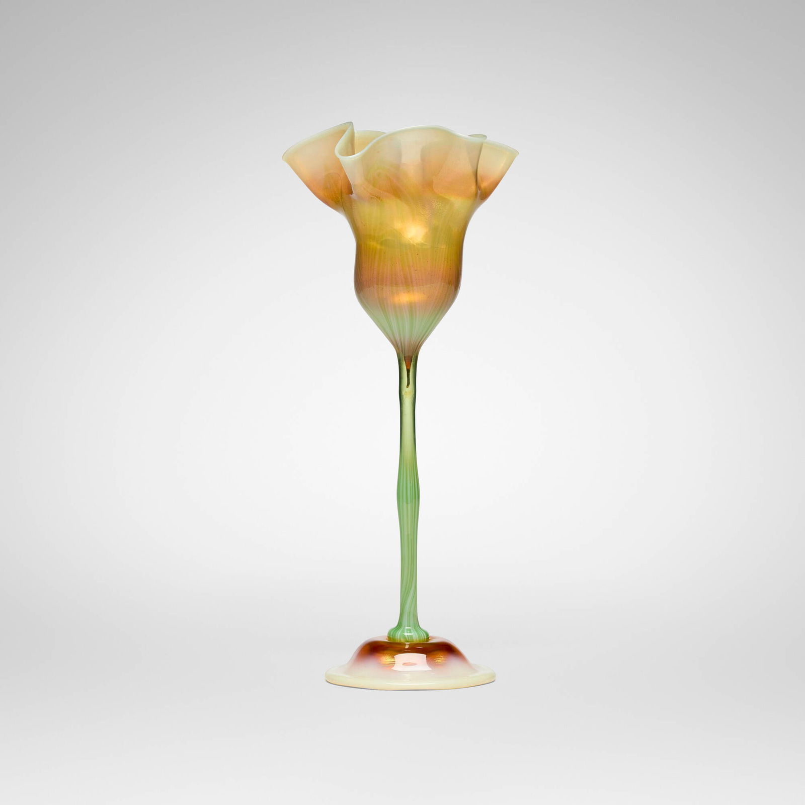Tiffany Studios, Floriform vase: Tiffany Studios Floriform vase USA, c. 1900 hand-blown Favrile glass 13.75 h x 5.75 w x 5.5 d in (35 x 15 x 14 cm) Provenance: Private Collection | John Toomey Gallery, Oak Park, IL, 20th Century