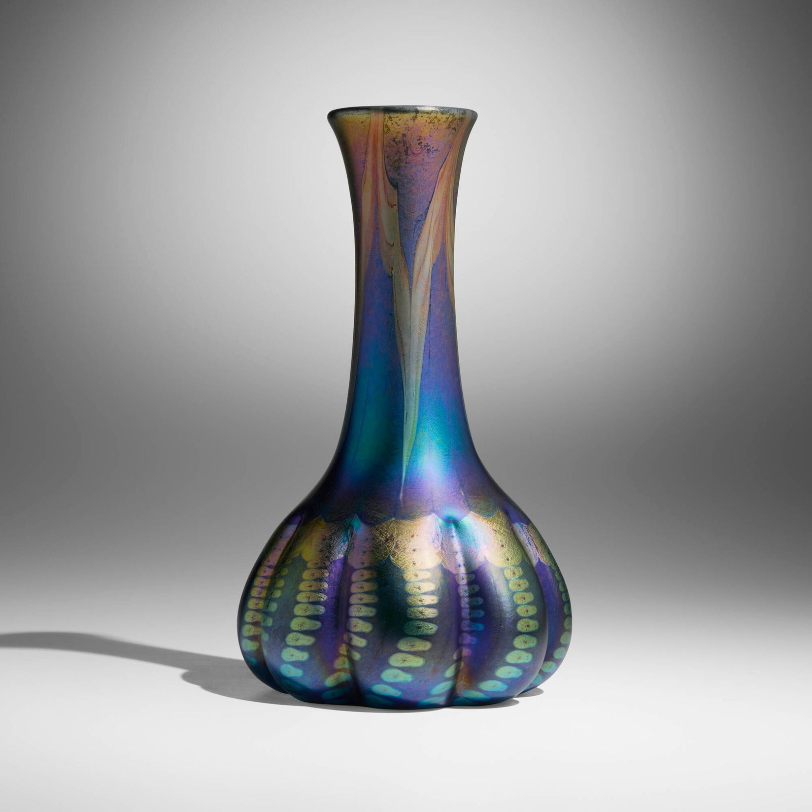 Tiffany Studios, Fine and Early decorated vase: Tiffany Studios Fine and Early decorated vase USA, c. 1898-1900hand-blown Favrile glass 10 h x 6 dia in (25 x 15 cm) Etched to underside 'L.C.T. K2505'. Provenance: Pri