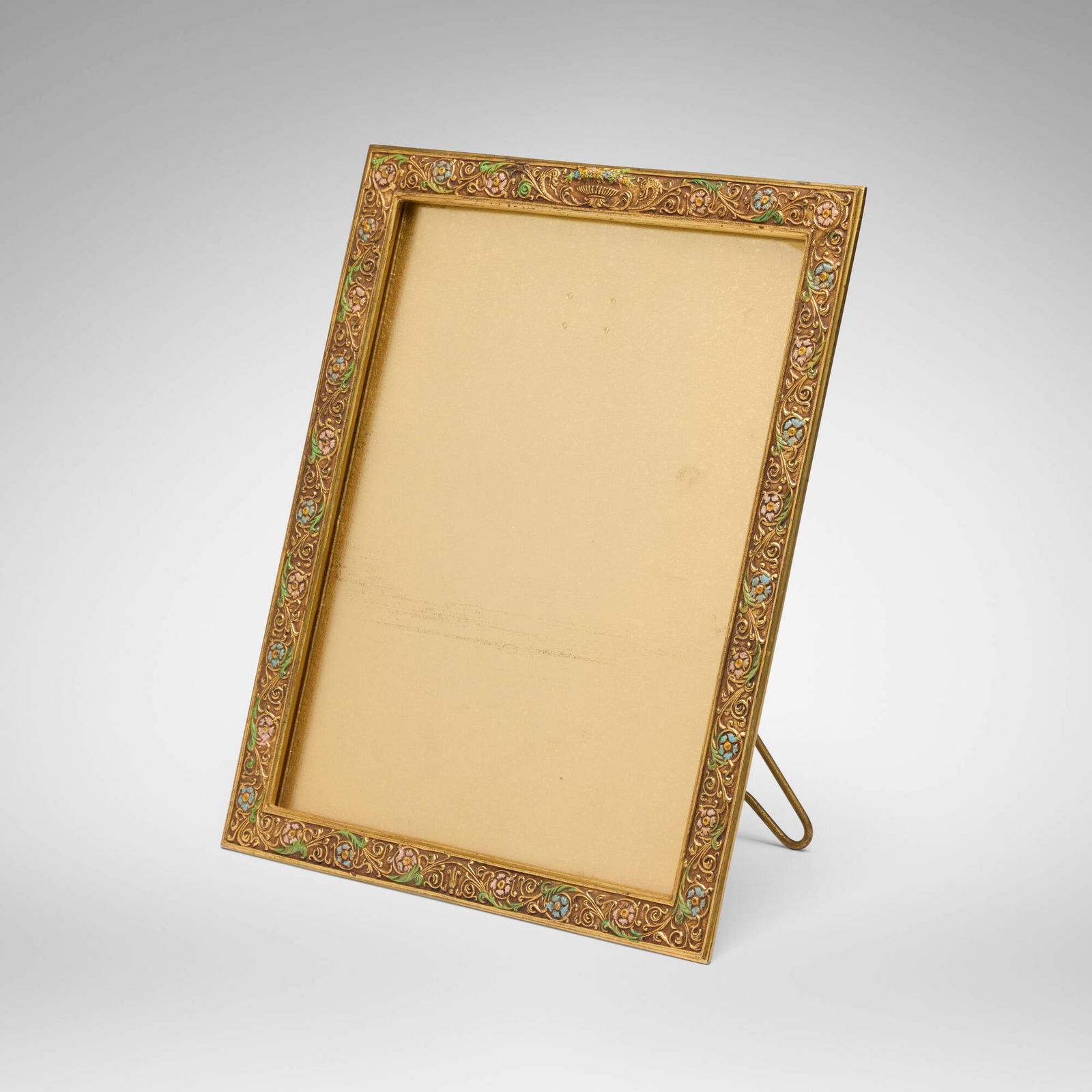 Tiffany Studios, French Ornament picture frame: Tiffany Studios French Ornament picture frame USA, c. 1920 acid-etched, gilt and enameled bronze, glass 11.25 h x 9.875 w x 6.75 d in (29 x 25 x 17 cm) Impressed to reverse 'TIFFANY STUDIOS NEW