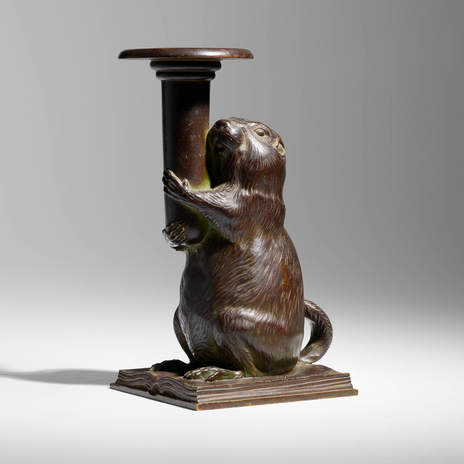 Ernest Thomas Seton for Tiffany Studios, Rowfant Club candlestick with groundhog: Ernest Thomas Seton for Tiffany Studios Rowfant Club candlestick with groundhog USA, 1903patinated bronze 8.5 h x 4.25 w x 5 d in (22 x 11 x 13 cm) Impressed signature, date and inscription to