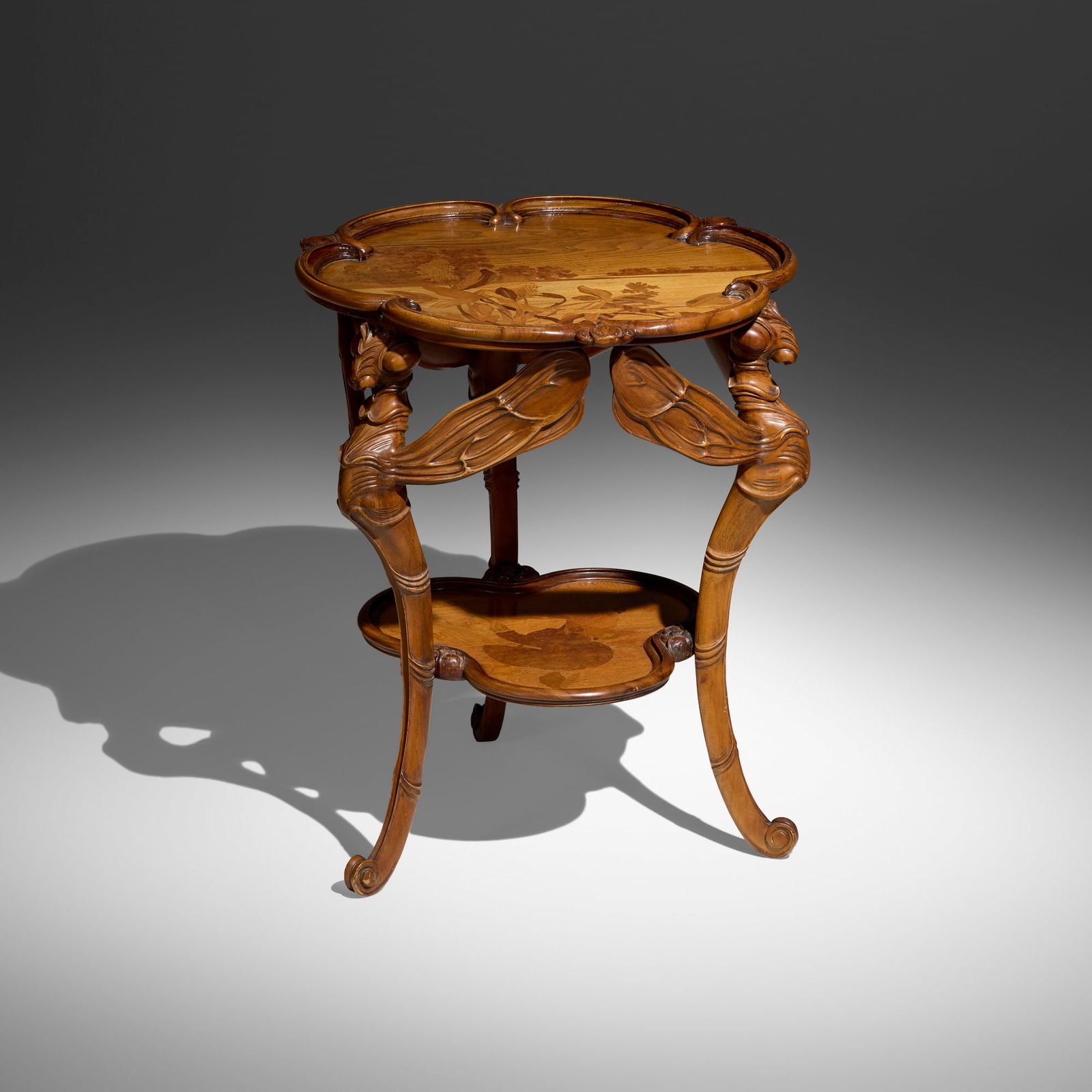 Emile Galle, Exceptional Libellules marquetry table: Emile Galle Exceptional Libellules marquetry table France, c. 1900 mahogany, burl, mixed wood inlay 30.5 h x 27 dia in (77 x 69 cm) Galle exhibited this model at the 1900 Exposition Universelle,