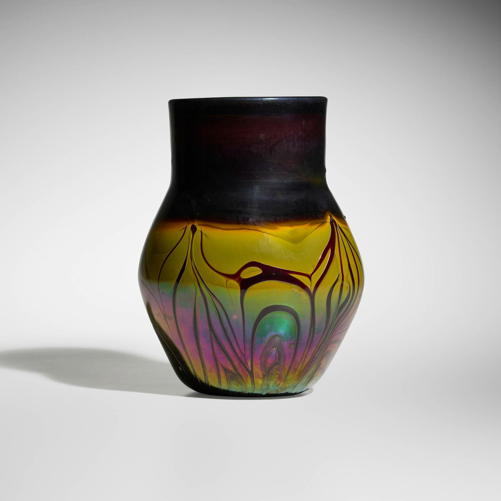 Tiffany Studios, Decorated vase: Tiffany Studios Decorated vase USA, c. 1900 hand-blown Favrile glass 12.5 h x 9.25 dia in (32 x 23 cm) Etched to underside '4474'. Provenance: Ferguson Antiques, Cincinnati | Acquired from the