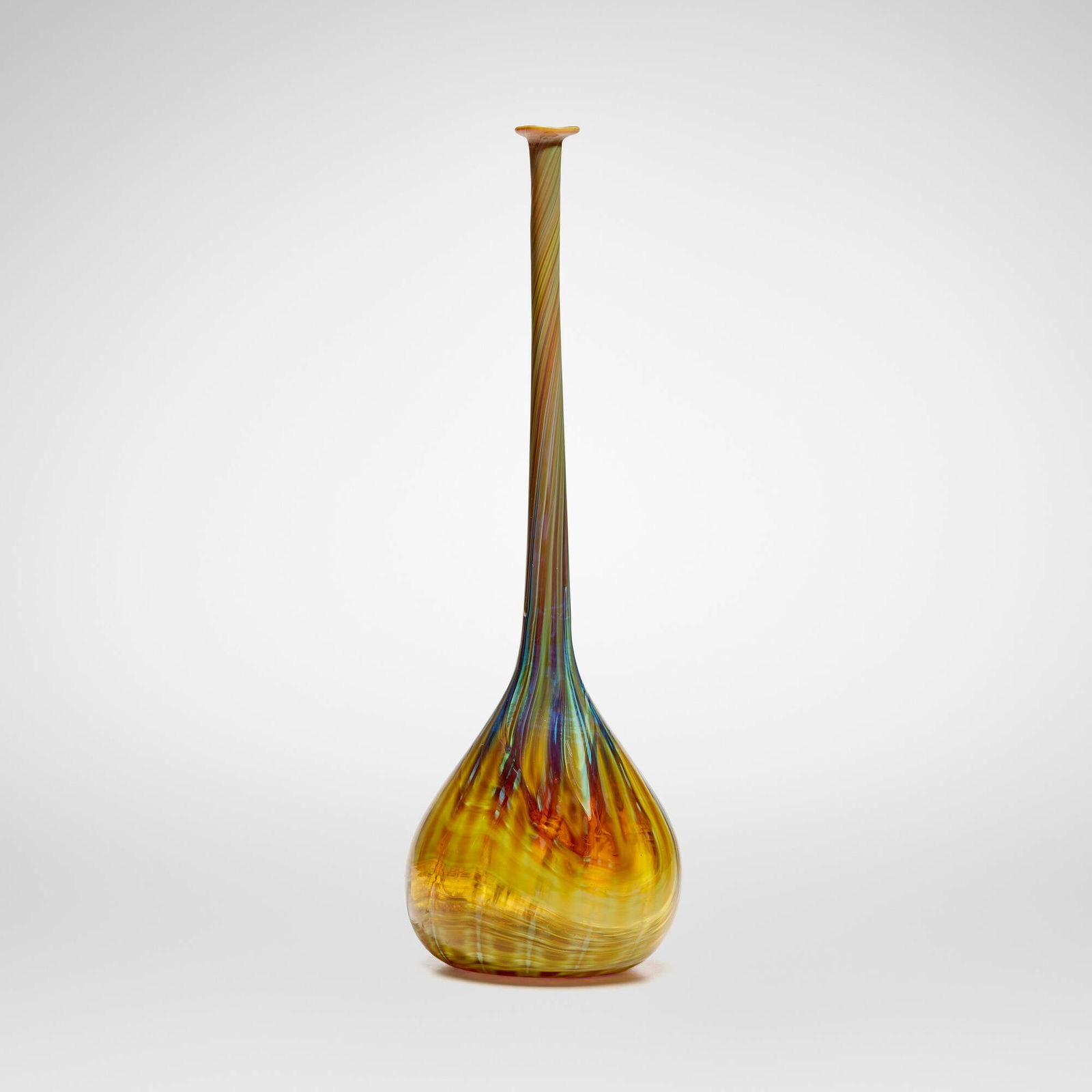 Tiffany Studios, Early decorated bud vase: Tiffany Studios Early decorated bud vase USA, c. 1895 hand-blown Favrile glass 9.75 h x 3.125 dia in (25 x 8 cm) Partial original paper label to underside. Provenance: DuMouchelles, Detroit, 22
