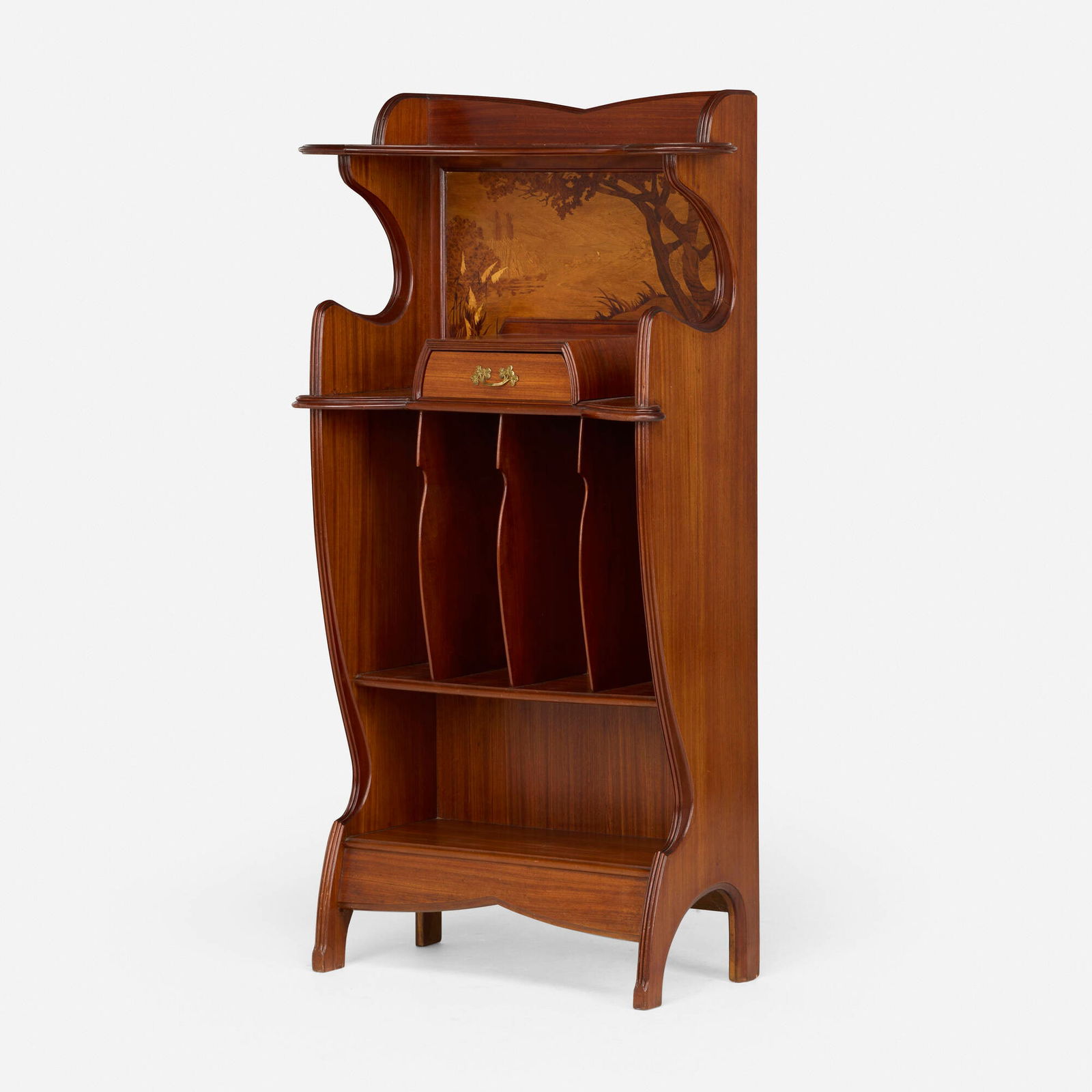 Louis Majorelle, Marquetry music cabinet with water scene: Louis Majorelle Marquetry music cabinet with water scene France, c. 1900 mahogany, gilt bronze, mixed wood inlay 56.5 h x 31.75 w x 14.5 d in (144 x 81 x 37 cm) Cabinet features one drawer. Inlaid