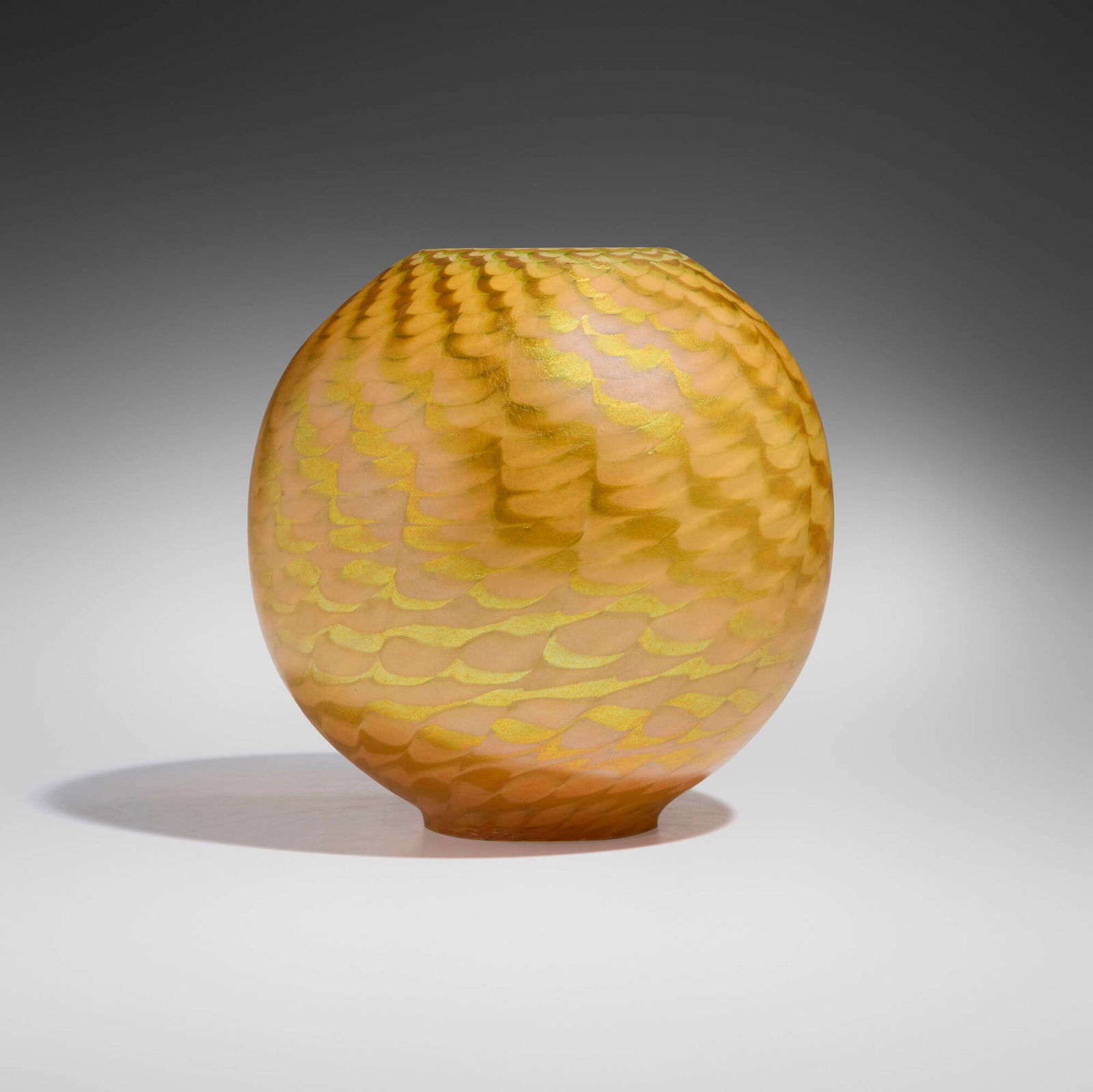 Tiffany Studios, Early Damascene globe shade: Tiffany Studios Early Damascene globe shade USA, c. 1896 hand-blown Favrile glass 10.25 h x 10 dia in (26 x 25 cm) Etched to inner rim of fitter 'L.C.T. o1245'. Provenance: Private Collection 