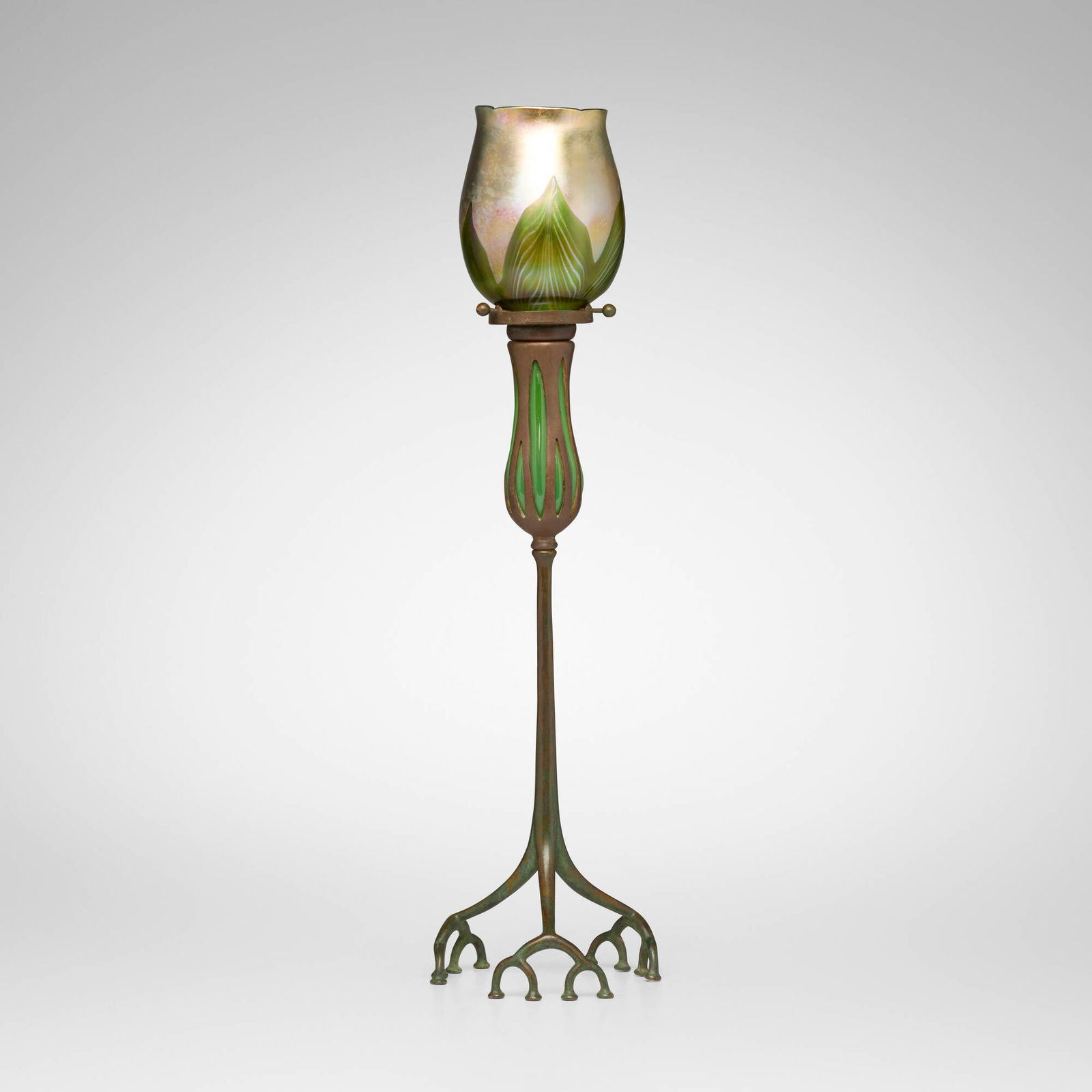 Tiffany Studios, Blown-out root candlestick with pulled-feather shade: Tiffany Studios Blown-out root candlestick with pulled-feather shade USA, c. 1910 patinated bronze, hand-blown Favrile glass, patinated and acid-etched bronze, hand-blown glass 20 h x 5.5 dia in