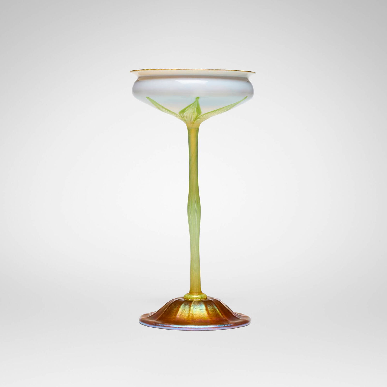 Tiffany Studios, Pulled-feather floriform vase: Tiffany Studios Pulled-feather floriform vase USA, c. 1900 hand-blown Favrile glass 11.375 h x 5.75 dia in (29 x 15 cm) Etched to underside 'L.C.T.'. Provenance: Ray Grover | Acquired from the