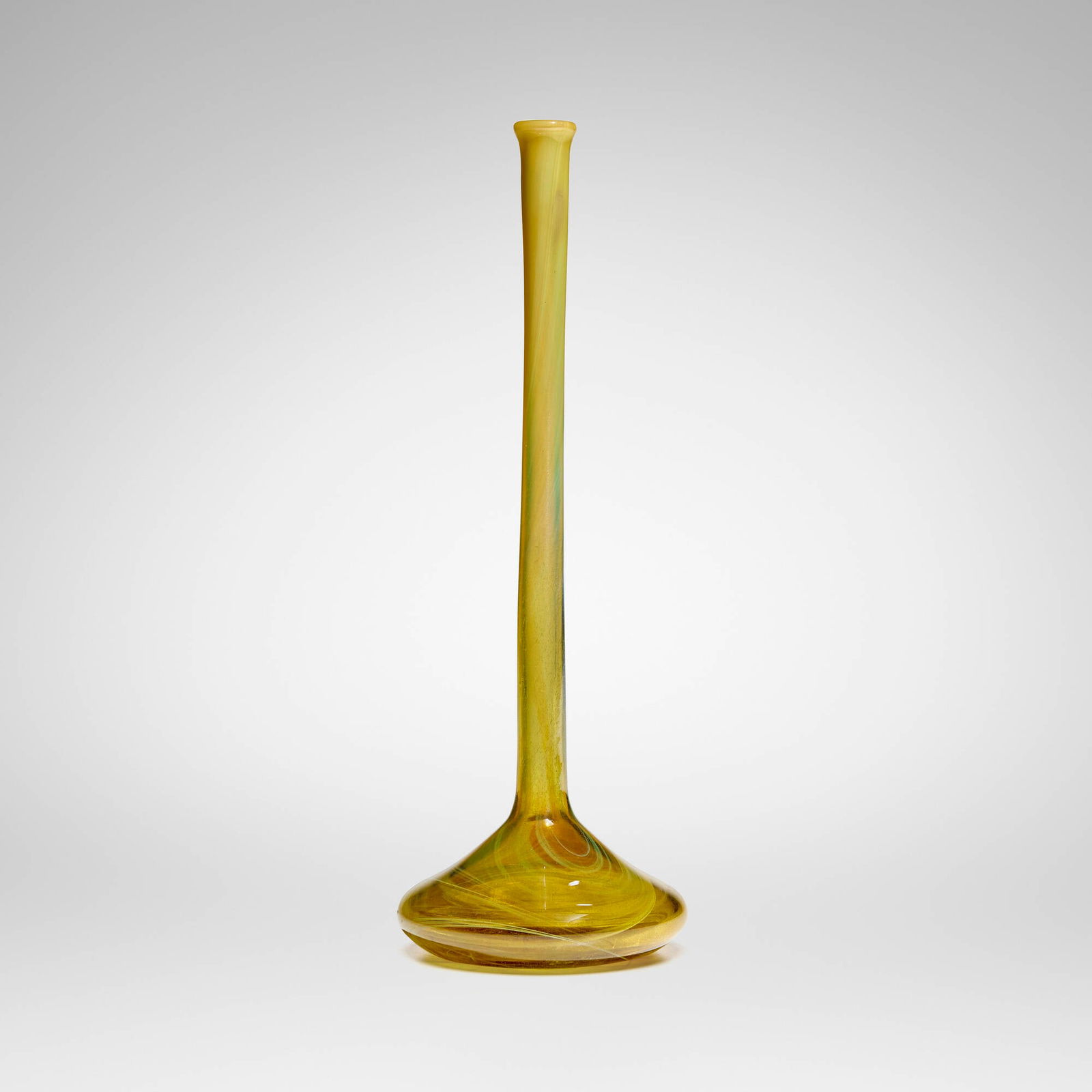 Tiffany Studios, Early experimental decorated bud vase: Tiffany Studios Early experimental decorated bud vase USA, c. 1895hand-blown Favrile glass 8.875 h x 3 dia in (23 x 8 cm) Etched to underside 'X1828' with original paper label 'Tiffany Favrile