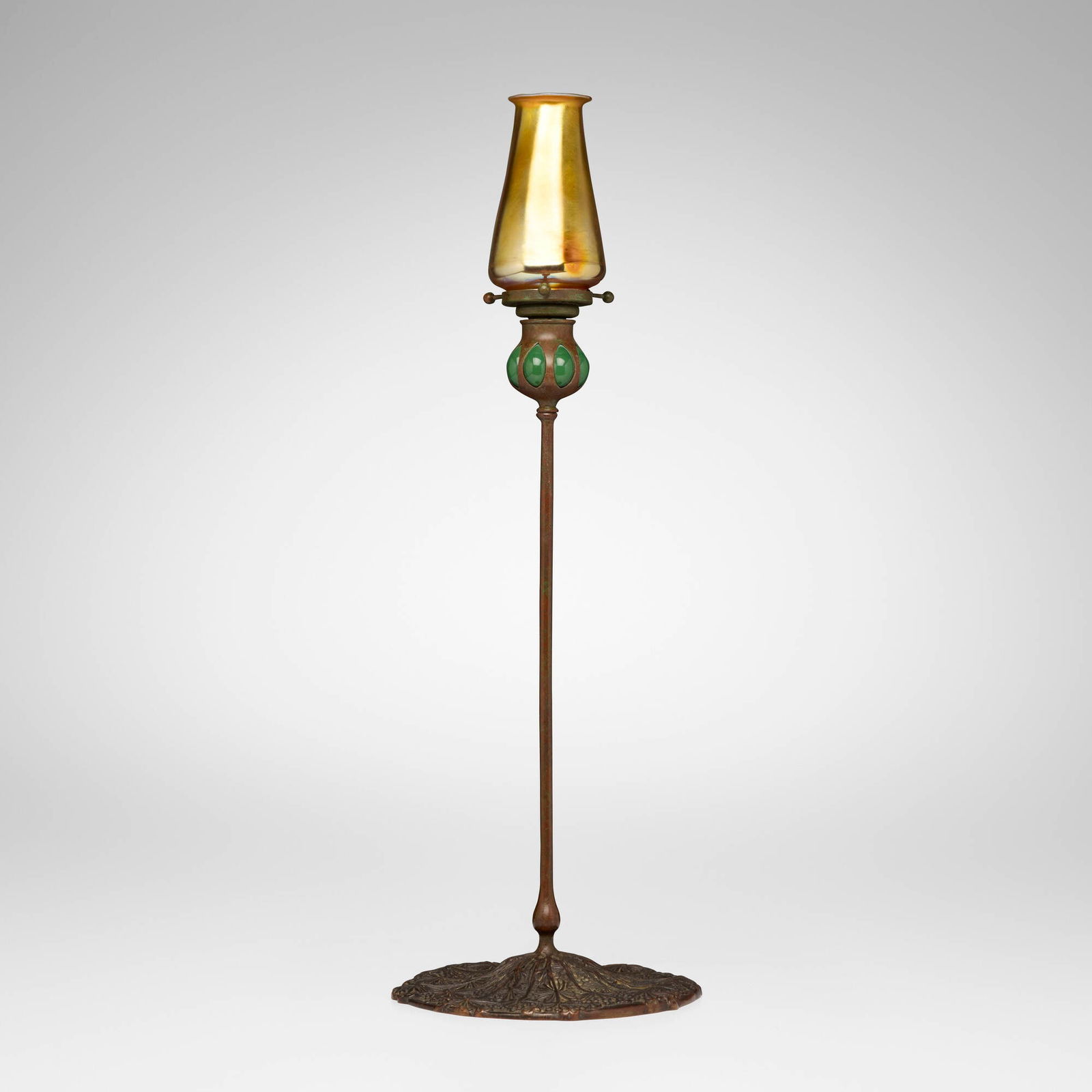 Tiffany Studios, Blown-out Queen Anne's Lace candlestick with candle shade: Tiffany Studios Blown-out Queen Anne's Lace candlestick with candle shade USA, c. 1910 patinated bronze, hand-blown Favrile glass, hand-blown glass 24 h x 8.25 dia in (61 x 21 cm) Etched to shade