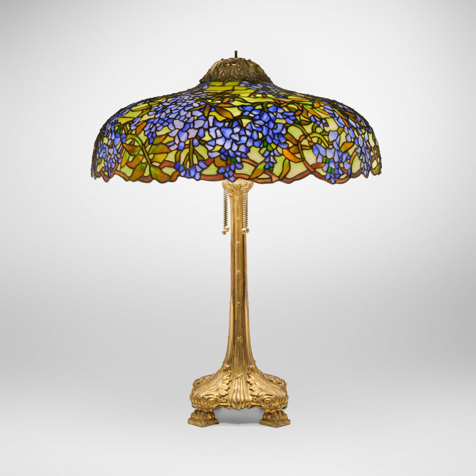 Duffner & Kimberly, Rare Wisteria table lamp: Duffner & Kimberly Rare Wisteria table lamp USA, c. 1910leaded glass, gilt bronze 27.5 h x 20.5 dia in (70 x 52 cm) Impressed manufacturer's mark to base 'The Duffner & Kimberly Company New Yo