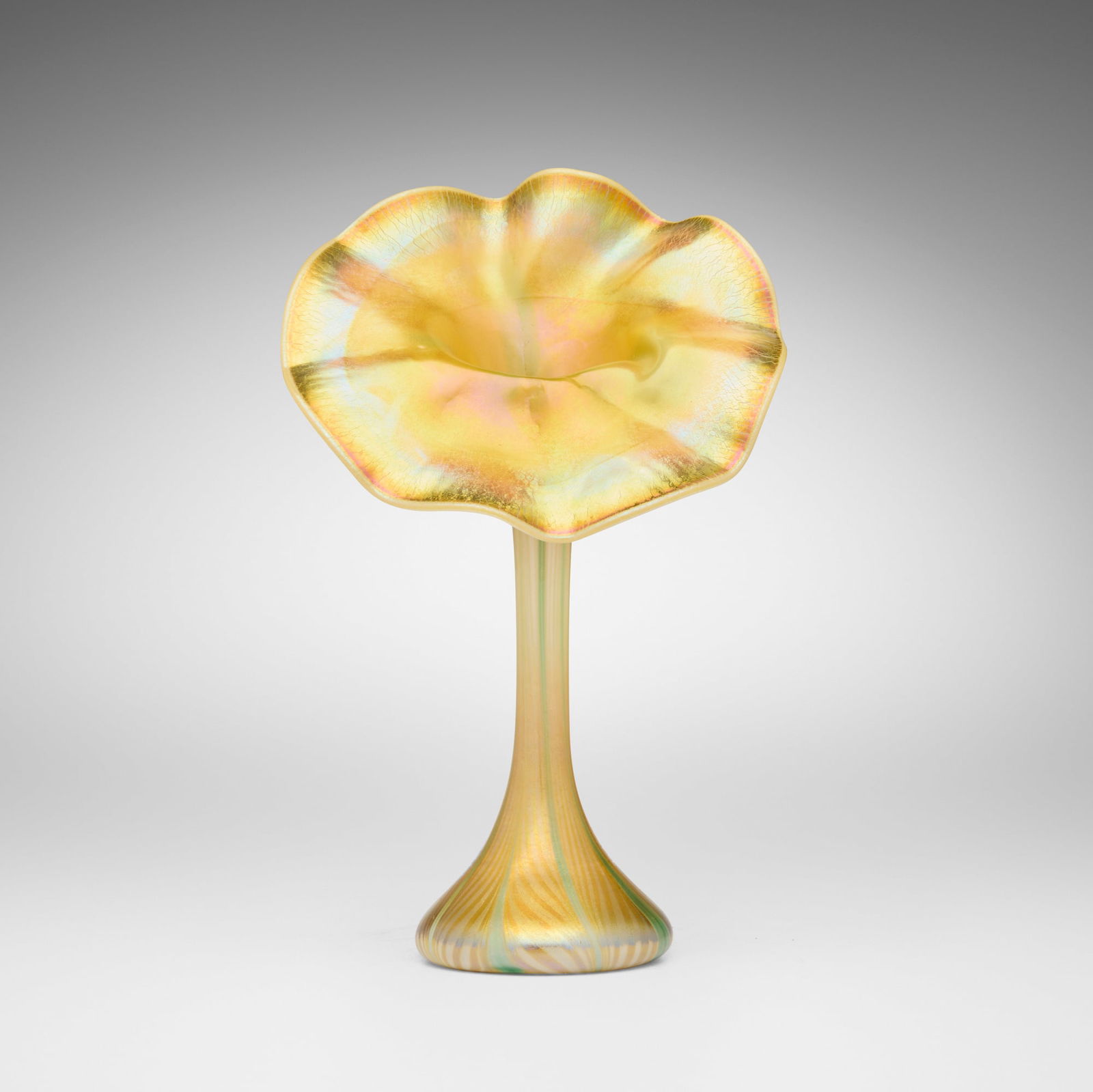 Quezal, attribution, Jack-in-the-Pulpit vase: Quezal, attribution Jack-in-the-Pulpit vase USA, c. 1910 hand-blown glass 10.75 h x 6.75 w x 4.25 d in (27 x 17 x 11 cm) Provenance: Plantation Galleries, Davison, MI | Acquired from the previous,
