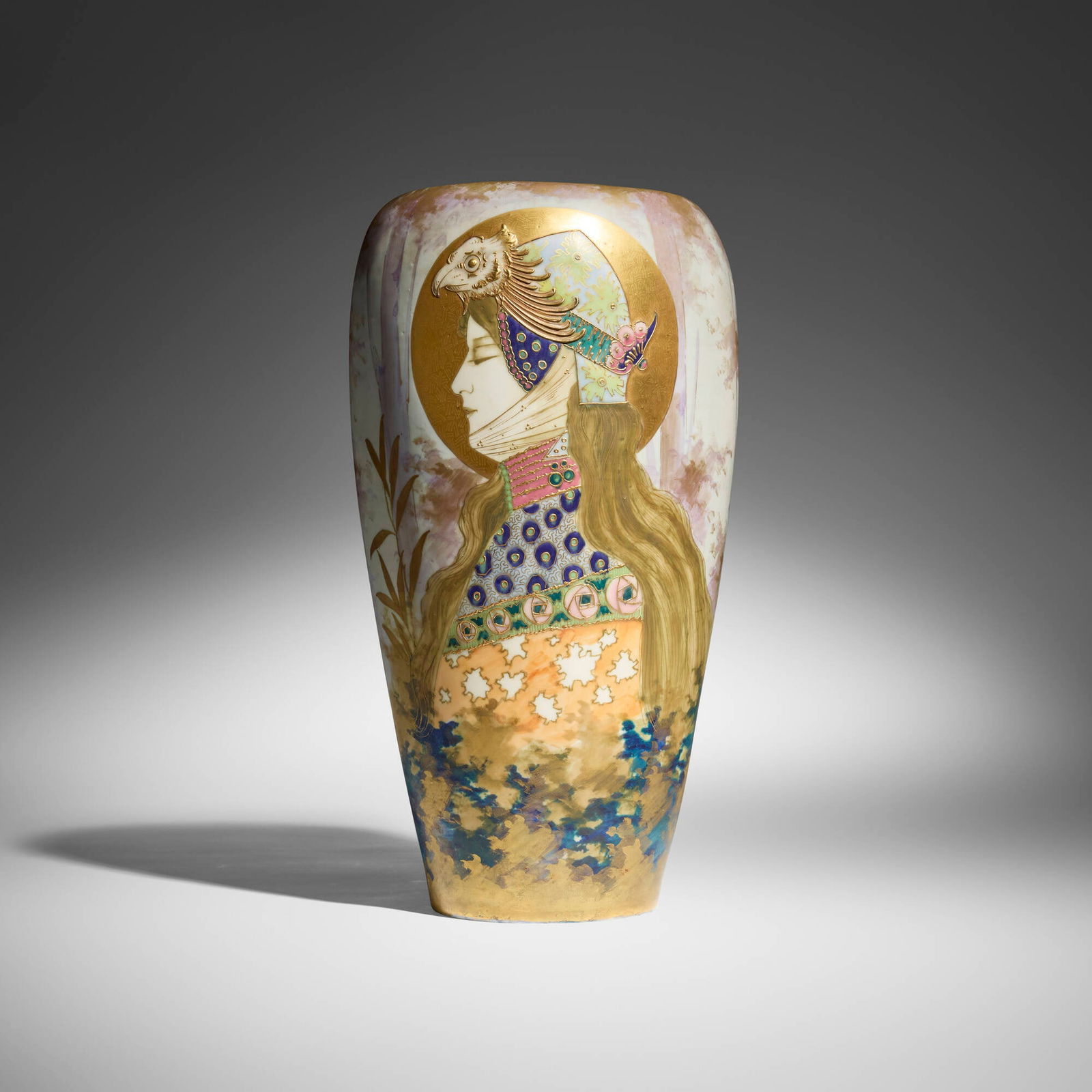 Nikolaus Kannhauser for Riessner, Stellmacher & Kessel, Large Allegory of Germany Amphora portrait: Nikolaus Kannhauser for Riessner, Stellmacher & Kessel Large Allegory of Germany Amphora portrait vase Bohemia, c. 1900 glazed, gilt and enameled porcelain 14.25 h x 7.5 dia in (36 x 19 cm) 